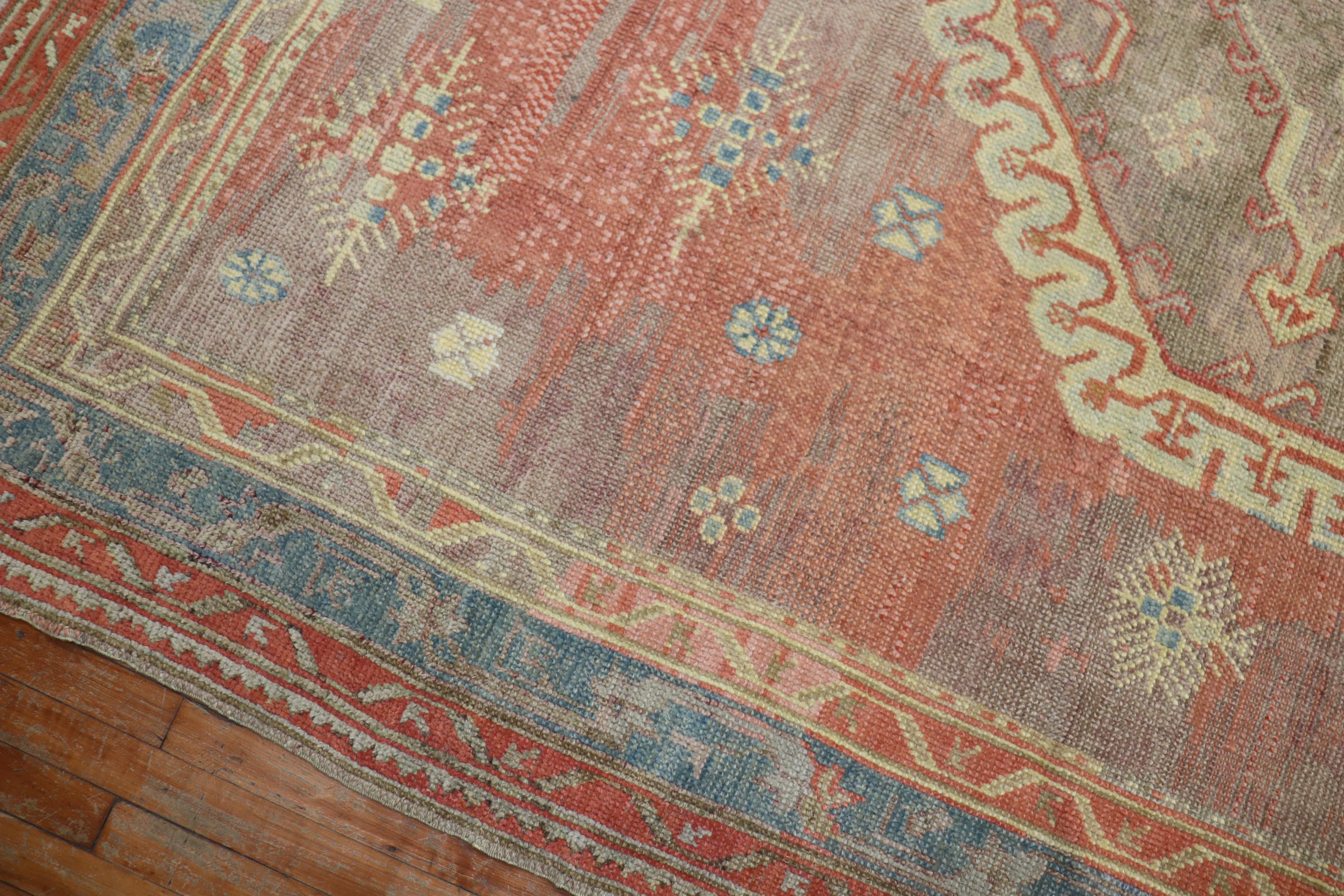 Soft Red Antique Turkish Square Oushak Rug In Fair Condition In New York, NY