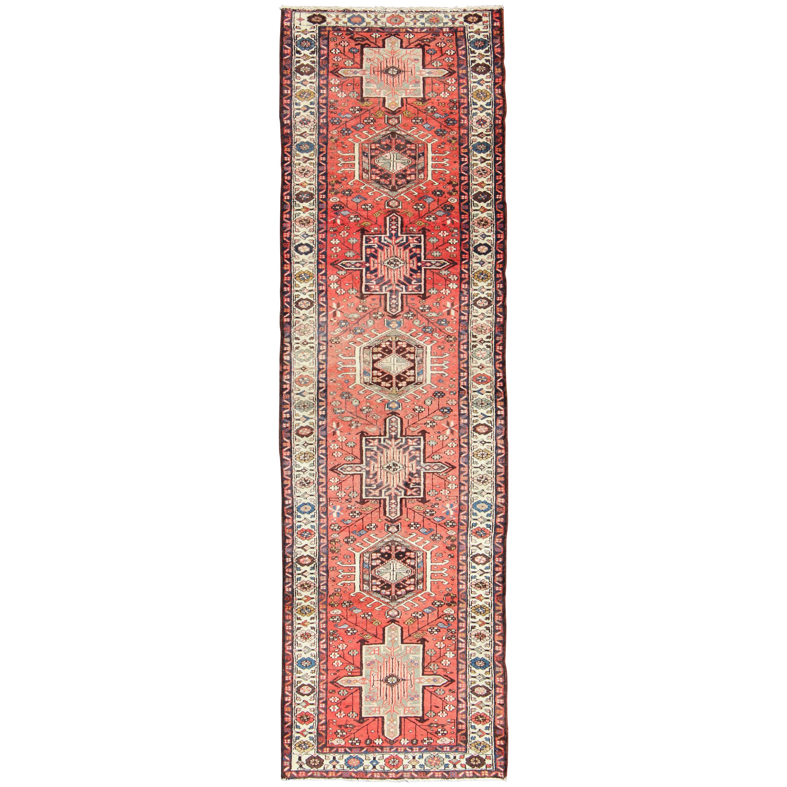 Soft Red Geometric Medallion Vintage Persian Karadjeh Runner