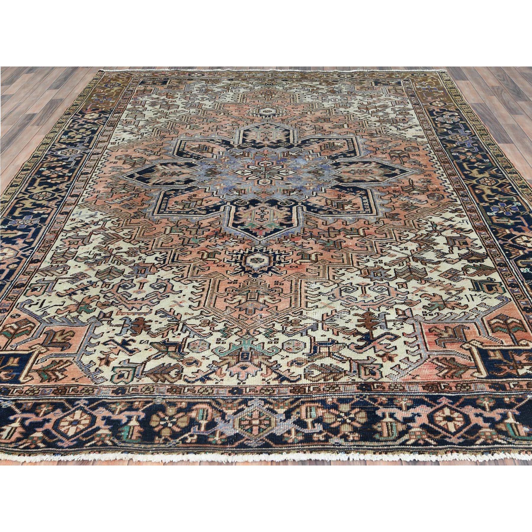 Medieval Soft Red Hand Knotted Vintage Persian Heriz Shaved Down Distressed Feel Wool Rug
