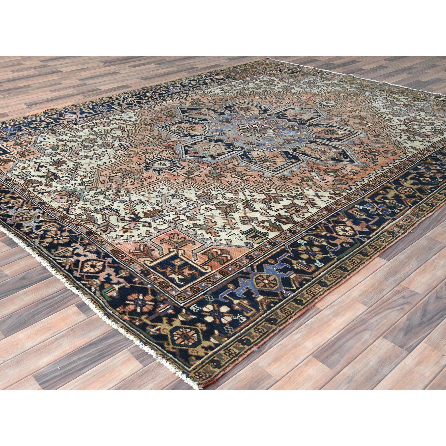 Hand-Knotted Soft Red Hand Knotted Vintage Persian Heriz Shaved Down Distressed Feel Wool Rug