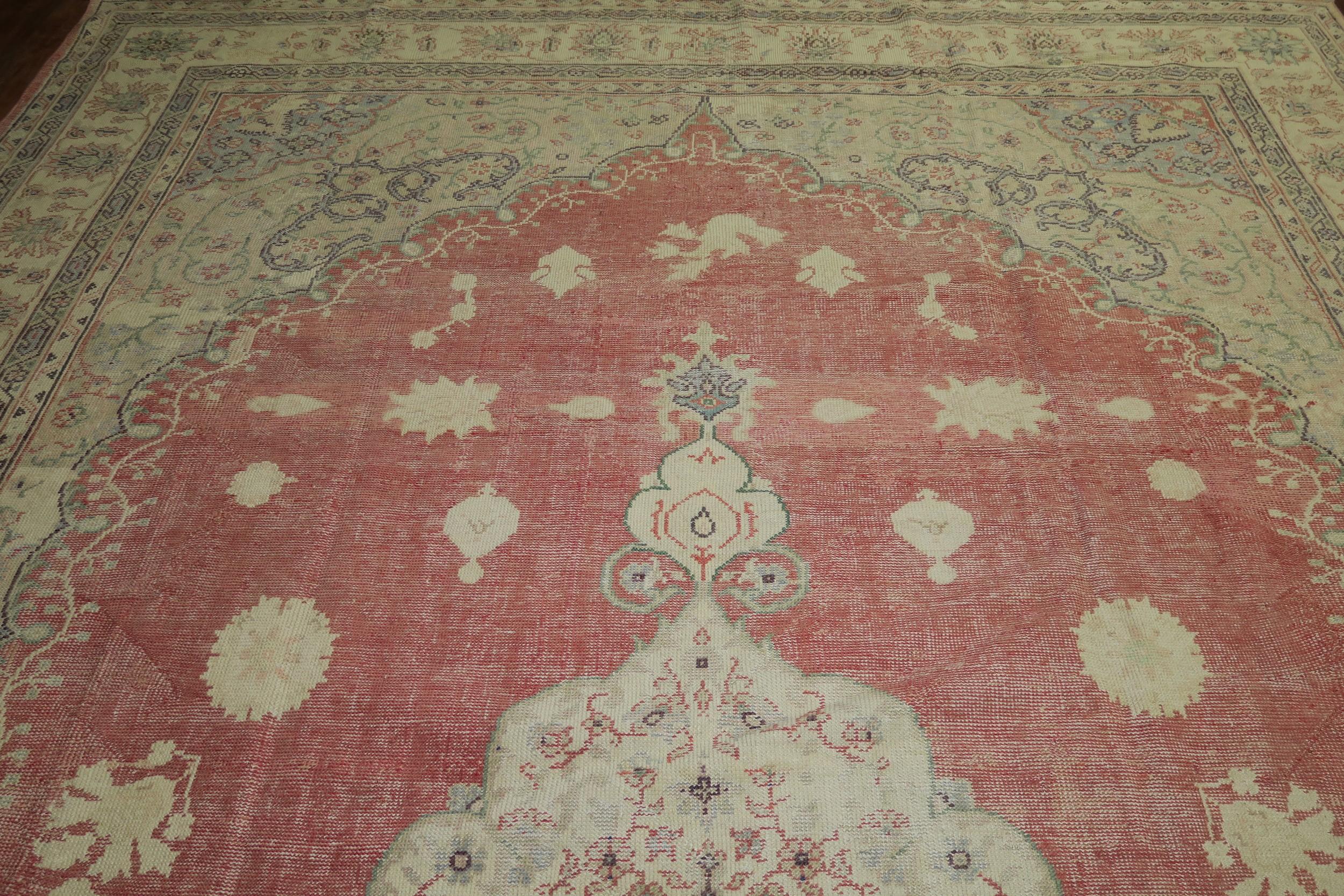 Zabihi Collection Soft Red Ivory Turkish Oushak Oversize Rug In Fair Condition For Sale In New York, NY