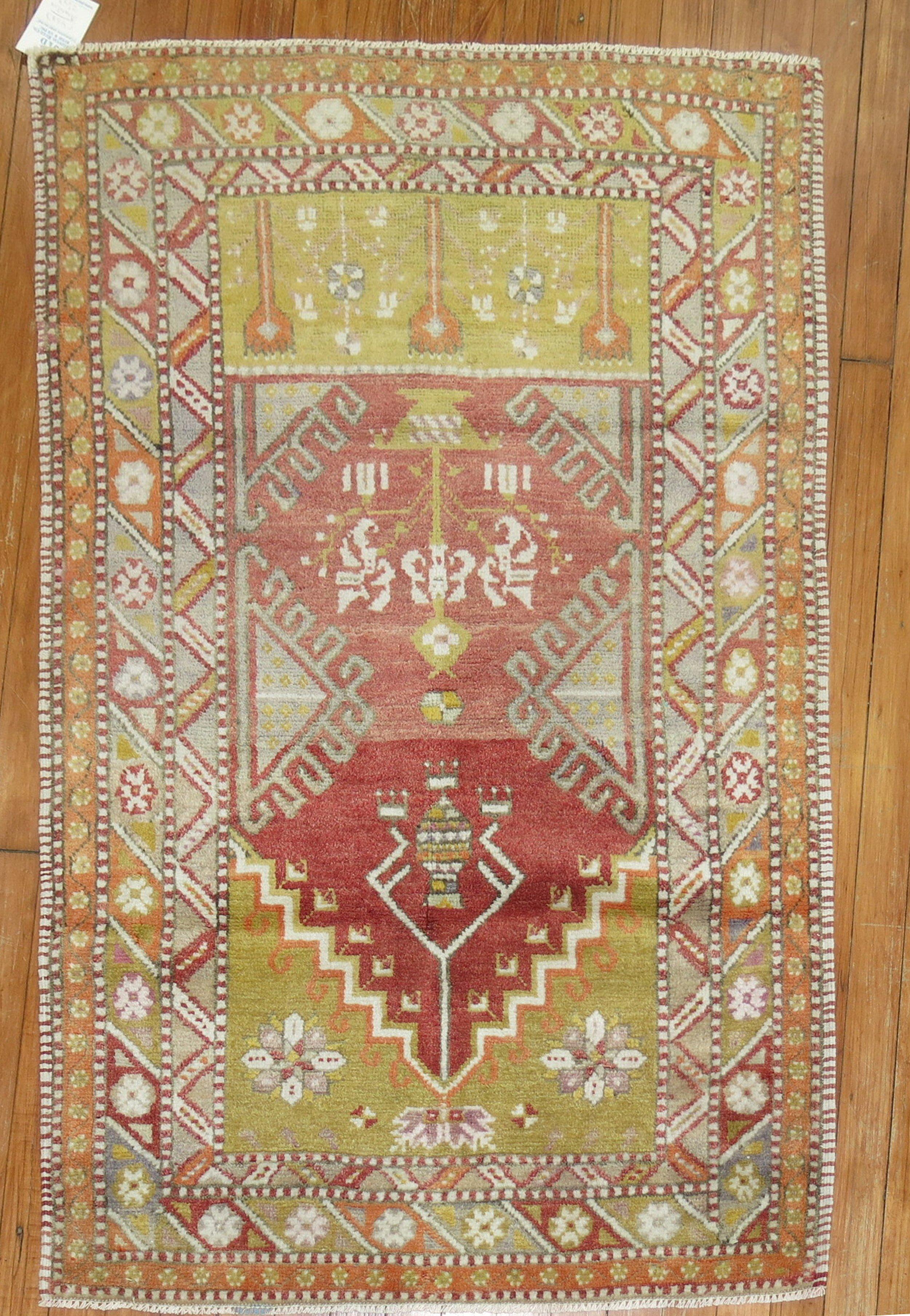 Hand-Knotted Soft Red Light Green Gray Accent Geometric Turkish Anatolian Scatter Size Rug