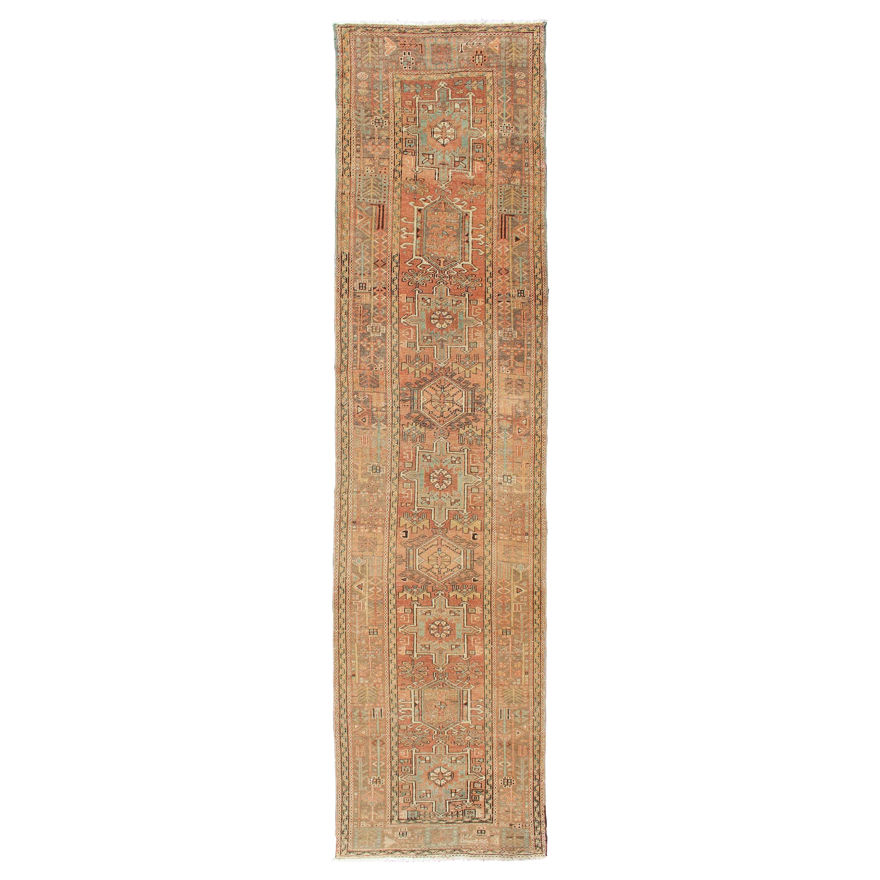 Soft Red or Salmon, Long Persian Heriz Runner with Geometric Medallions