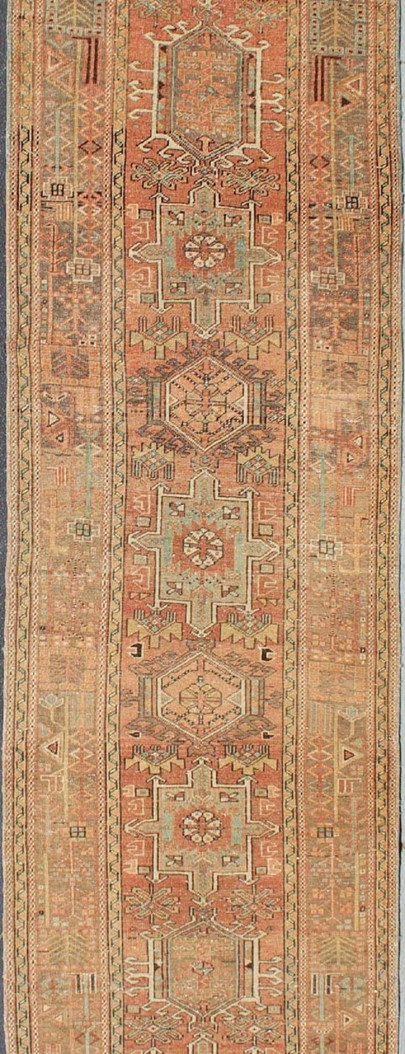 Heriz Serapi Soft Red or Salmon, Long Persian Heriz Runner with Geometric Medallions For Sale