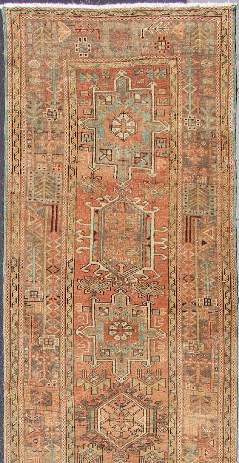 Hand-Knotted Soft Red or Salmon, Long Persian Heriz Runner with Geometric Medallions For Sale