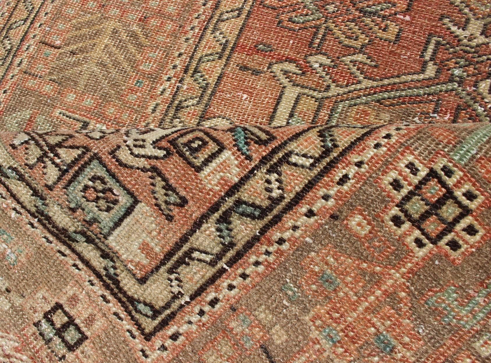 Soft Red or Salmon, Long Persian Heriz Runner with Geometric Medallions In Good Condition For Sale In Atlanta, GA