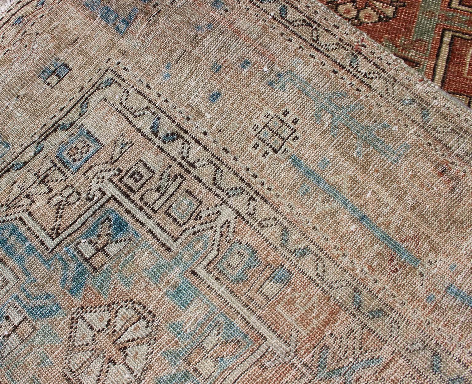Mid-20th Century Soft Red or Salmon, Long Persian Heriz Runner with Geometric Medallions For Sale