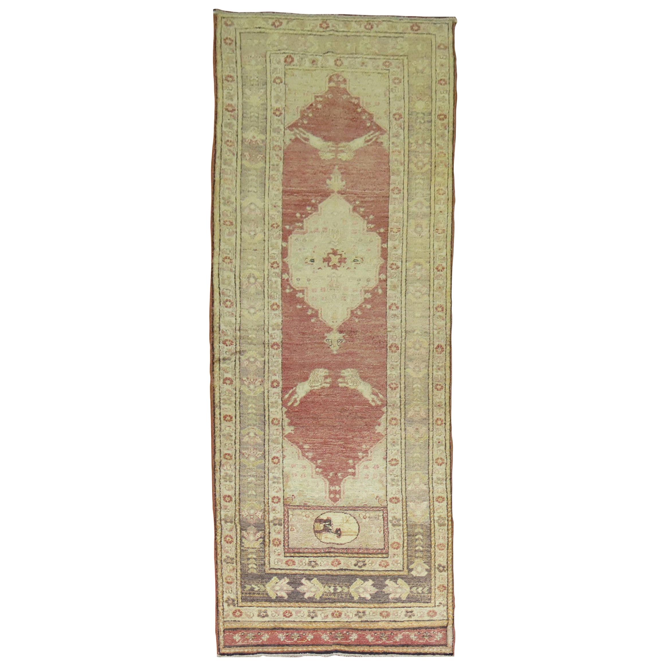 Soft Red Turkish Lion Pictorial Runner For Sale