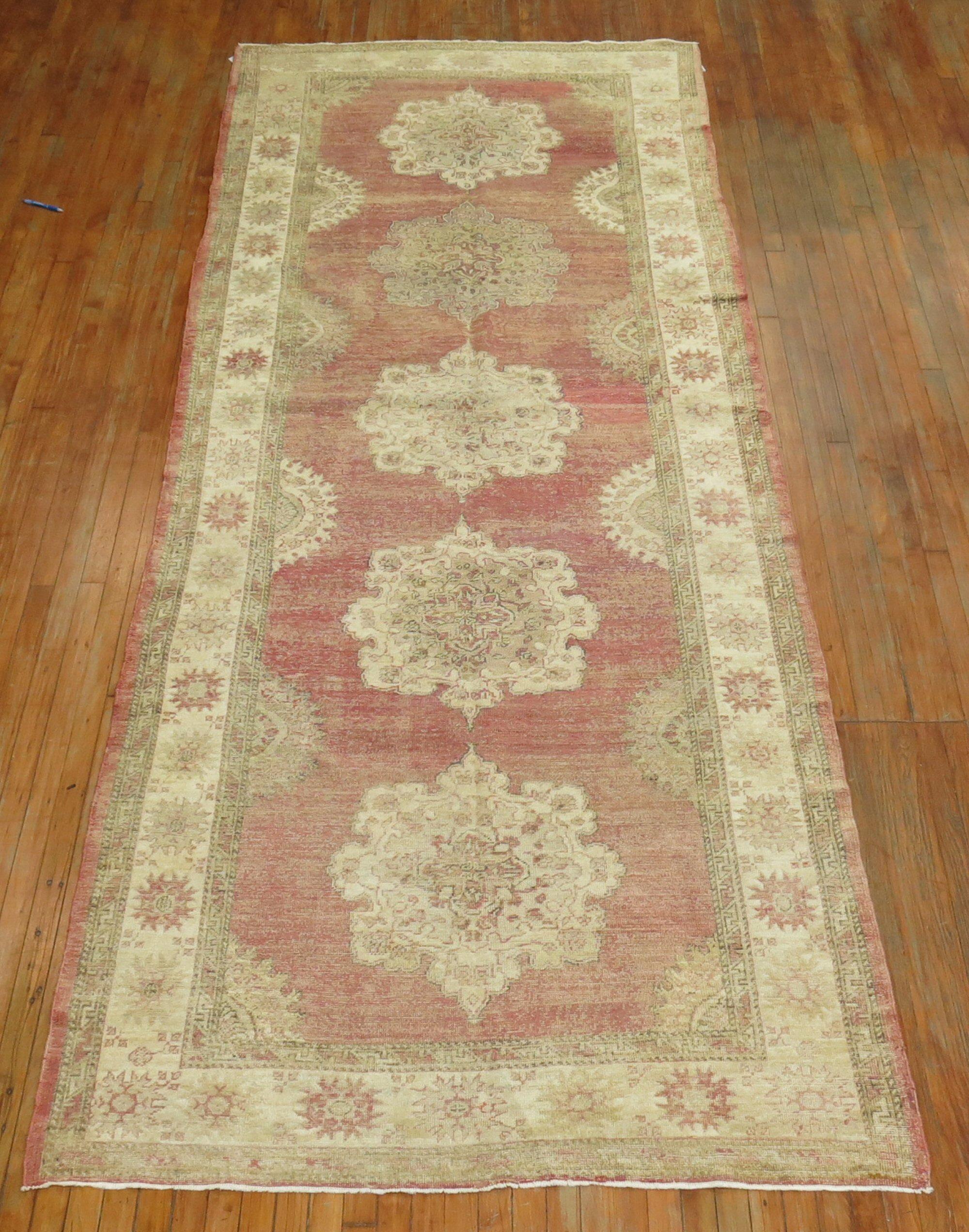 Country Soft Red Vintage Turkish Oushak Gallery Size Rug For Sale