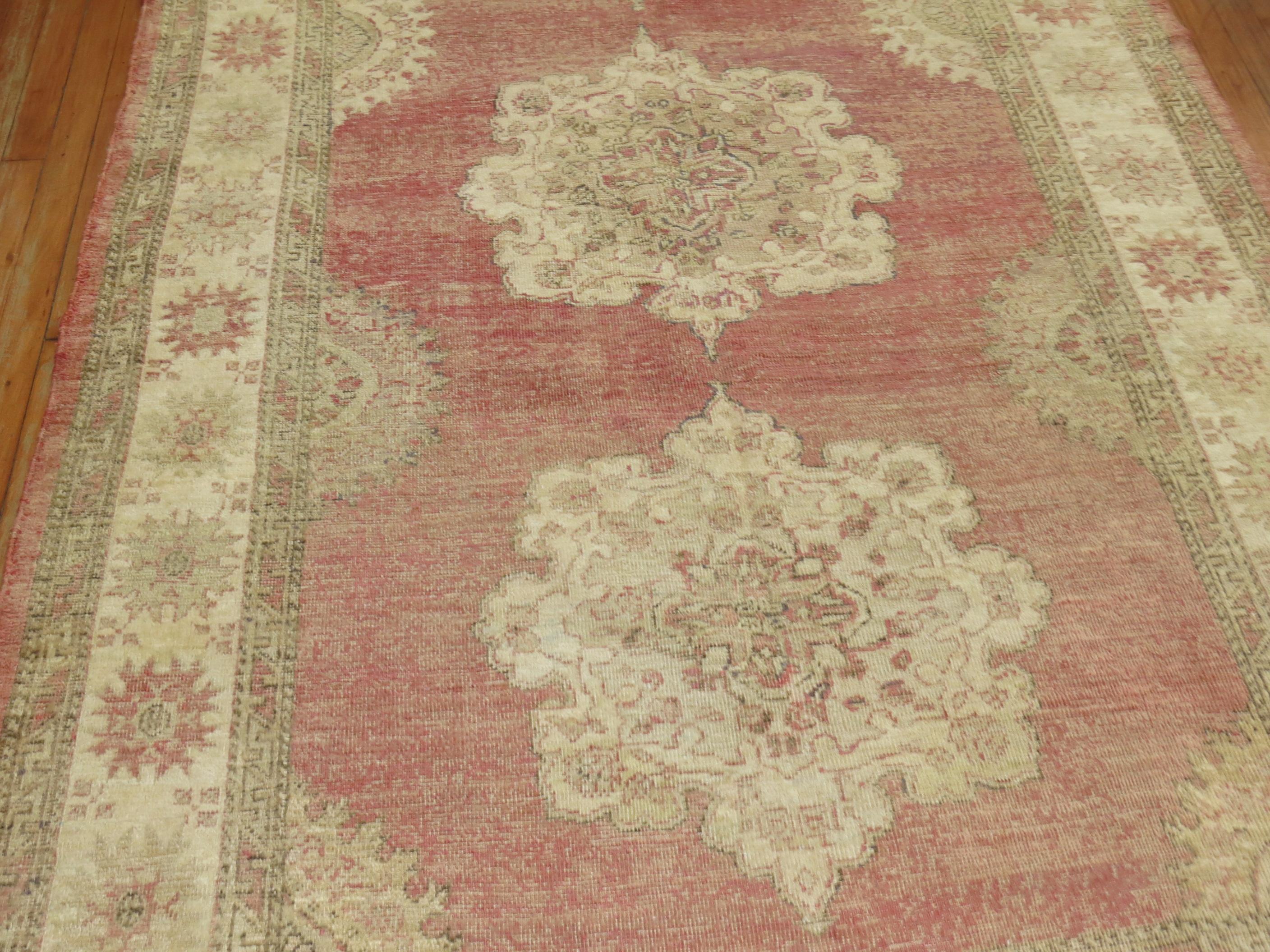 Soft Red Vintage Turkish Oushak Gallery Size Rug In Good Condition For Sale In New York, NY