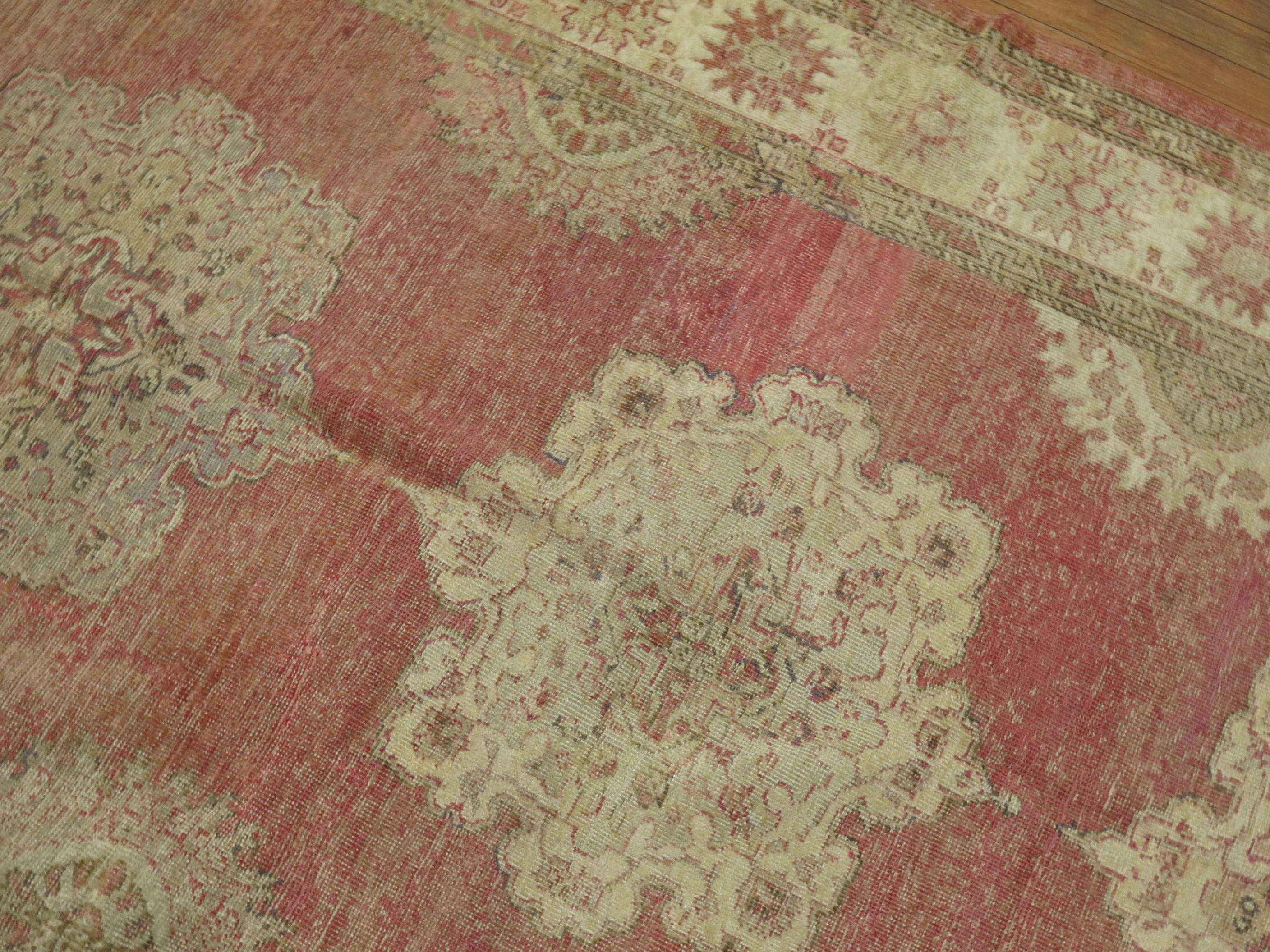 20th Century Soft Red Vintage Turkish Oushak Gallery Size Rug For Sale