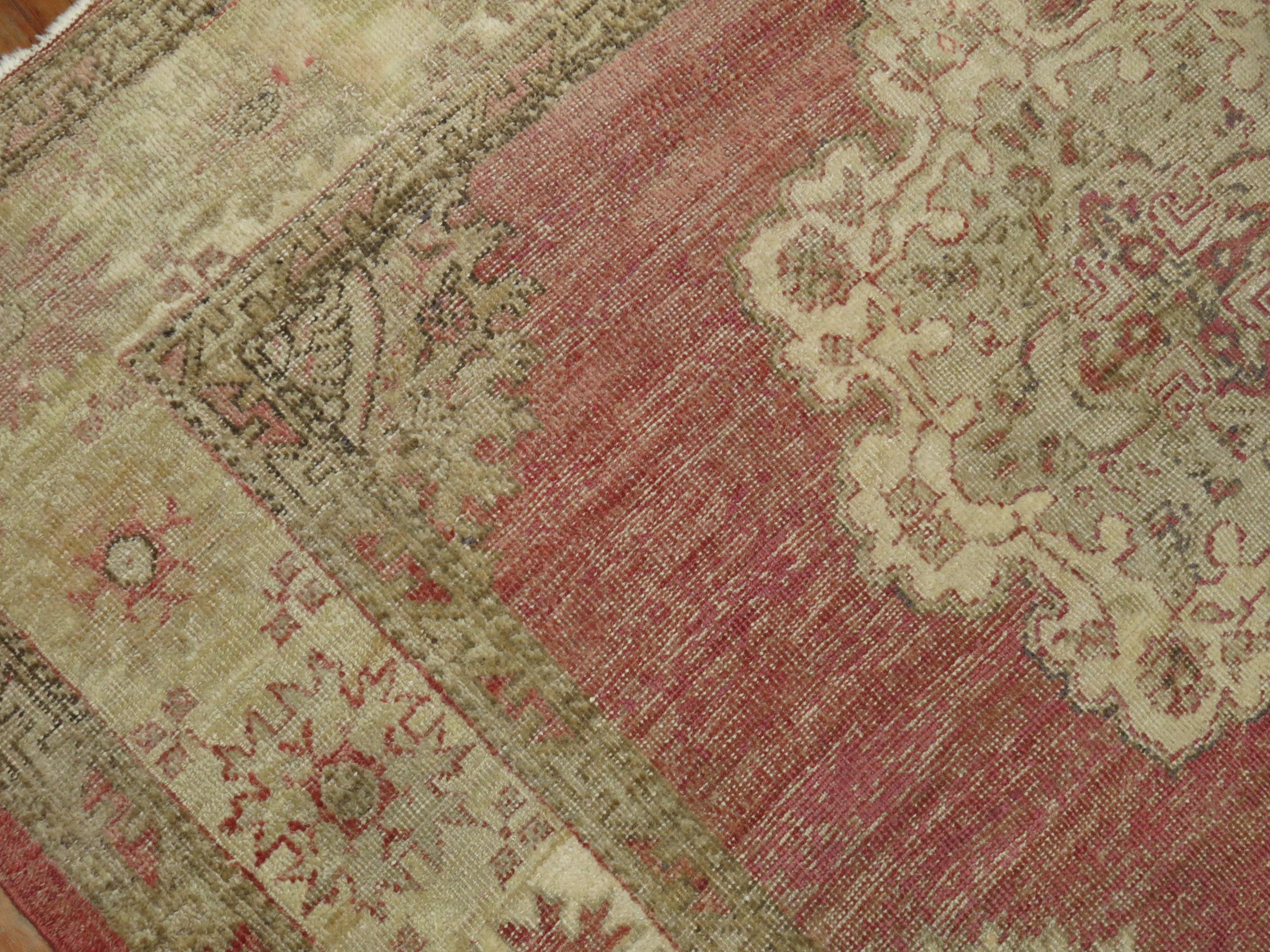 Wool Soft Red Vintage Turkish Oushak Gallery Size Rug For Sale