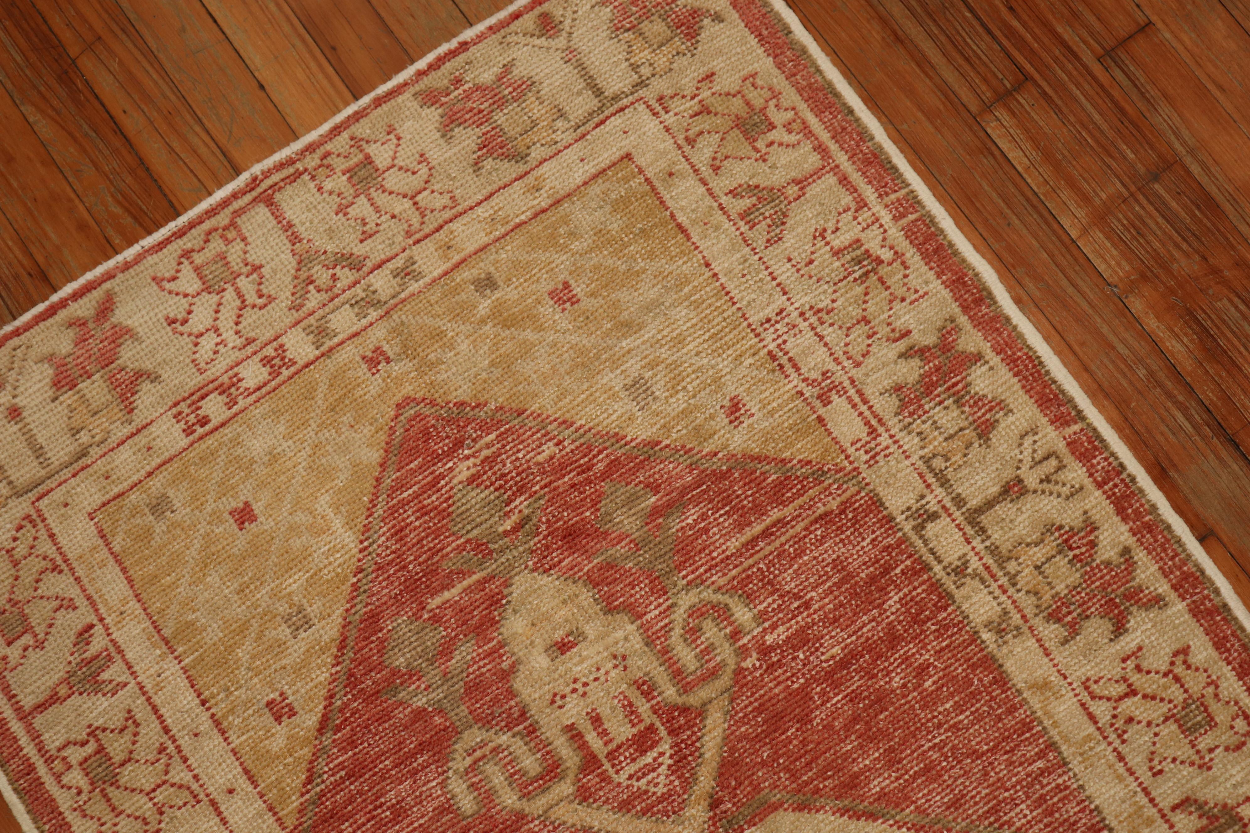 Hand-Woven Soft Red Vintage Turkish Oushak Throw Rug, 20th Century