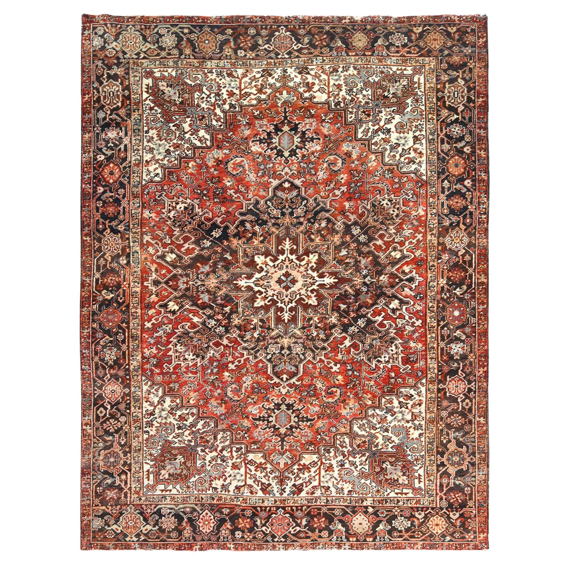 Soft Red Worn Wool Hand Knotted Vintage Persian Heriz Distressed Feel Rug