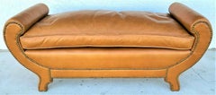 Soft Saddle Leather Bench Ottoman with Nail Studded Trim by Swaim