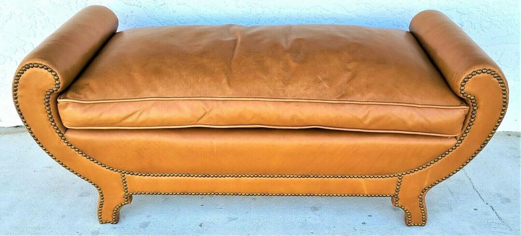 Mid-Century Modern Soft Saddle Leather Bench Ottoman with Nail Studded Trim by Swaim