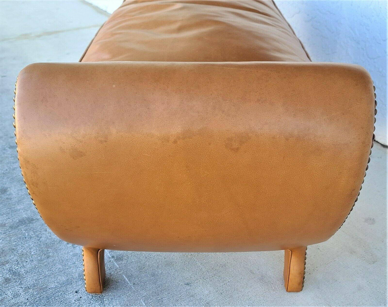 Soft Saddle Leather Bench Ottoman with Nail Studded Trim by Swaim In Good Condition In Lake Worth, FL