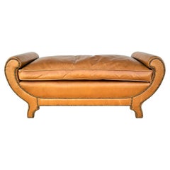 Soft Saddle Leather Bench Ottoman with Nail Studded Trim by Swaim