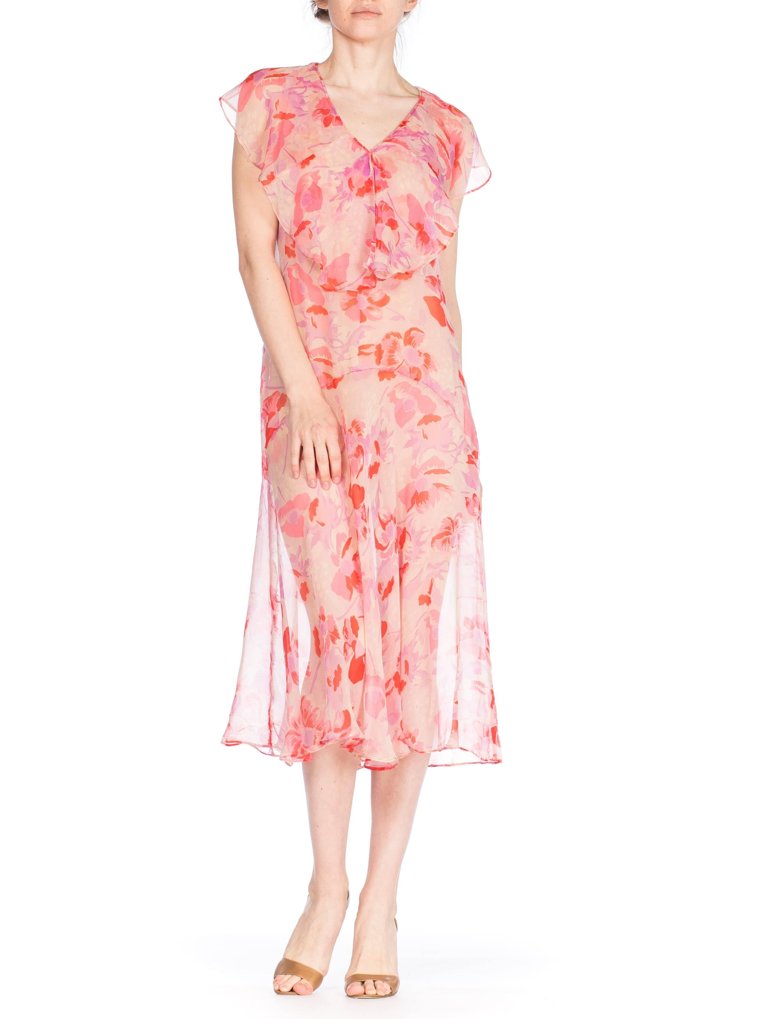 1920S Pink Floral Silk Mousseline Chiffon Drop Waist Pullover Dress With Bias F For Sale 2