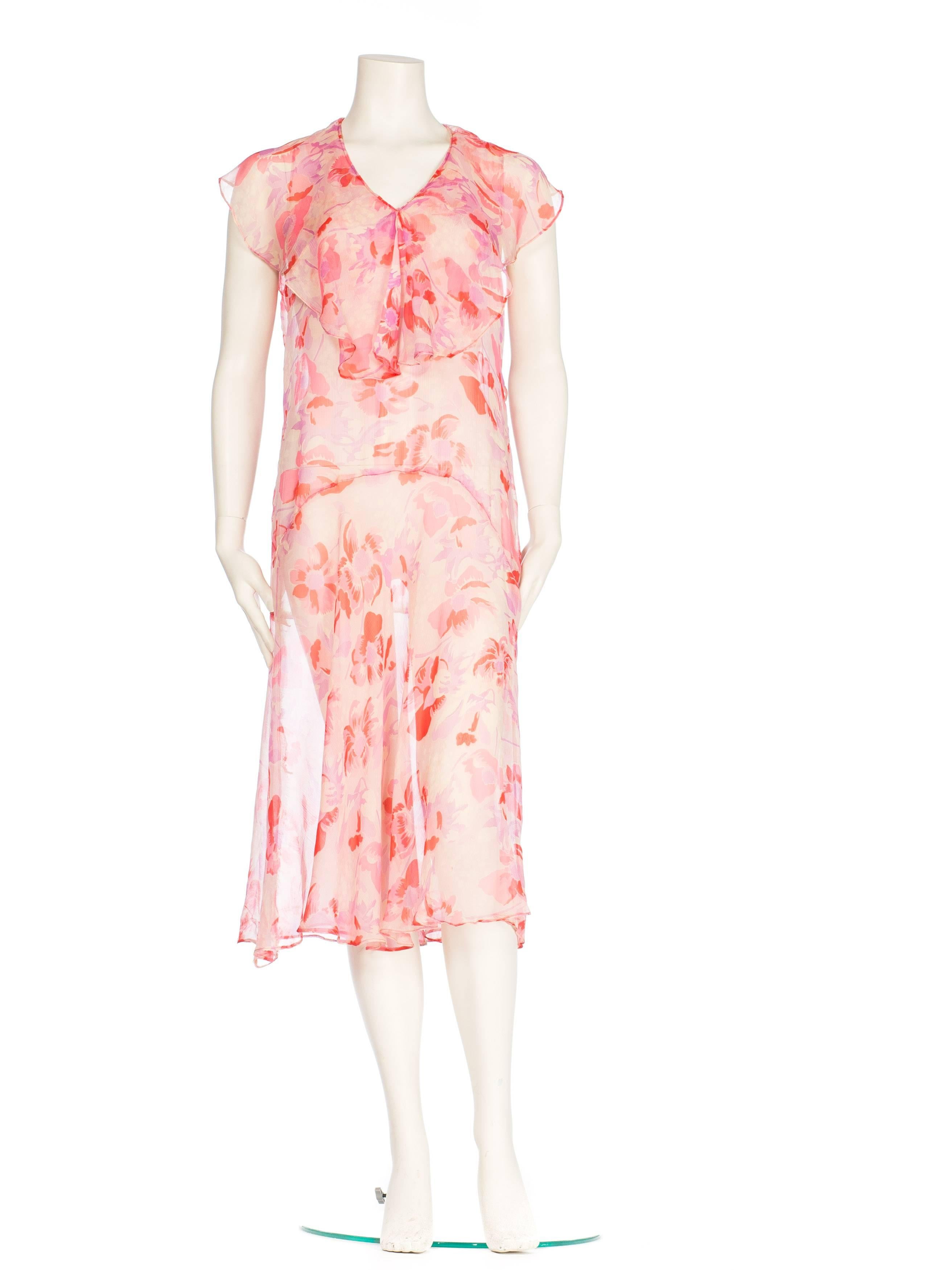 1920S Pink Floral Silk Mousseline Chiffon Drop Waist Pullover Dress With Bias F For Sale 4