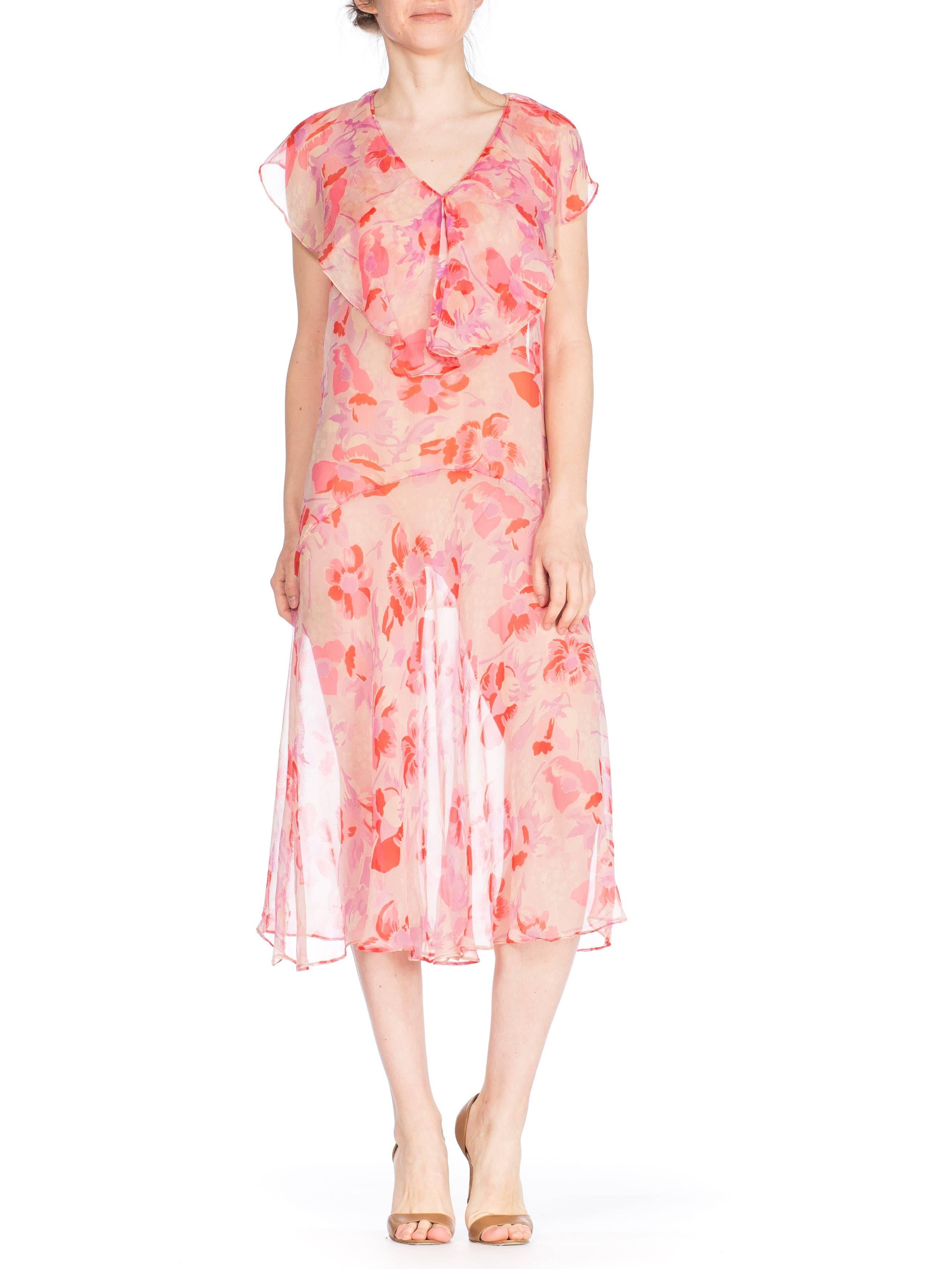 1920S Pink Floral Silk Mousseline Chiffon Drop Waist Pullover Dress With Bias Flouncy Skirt
