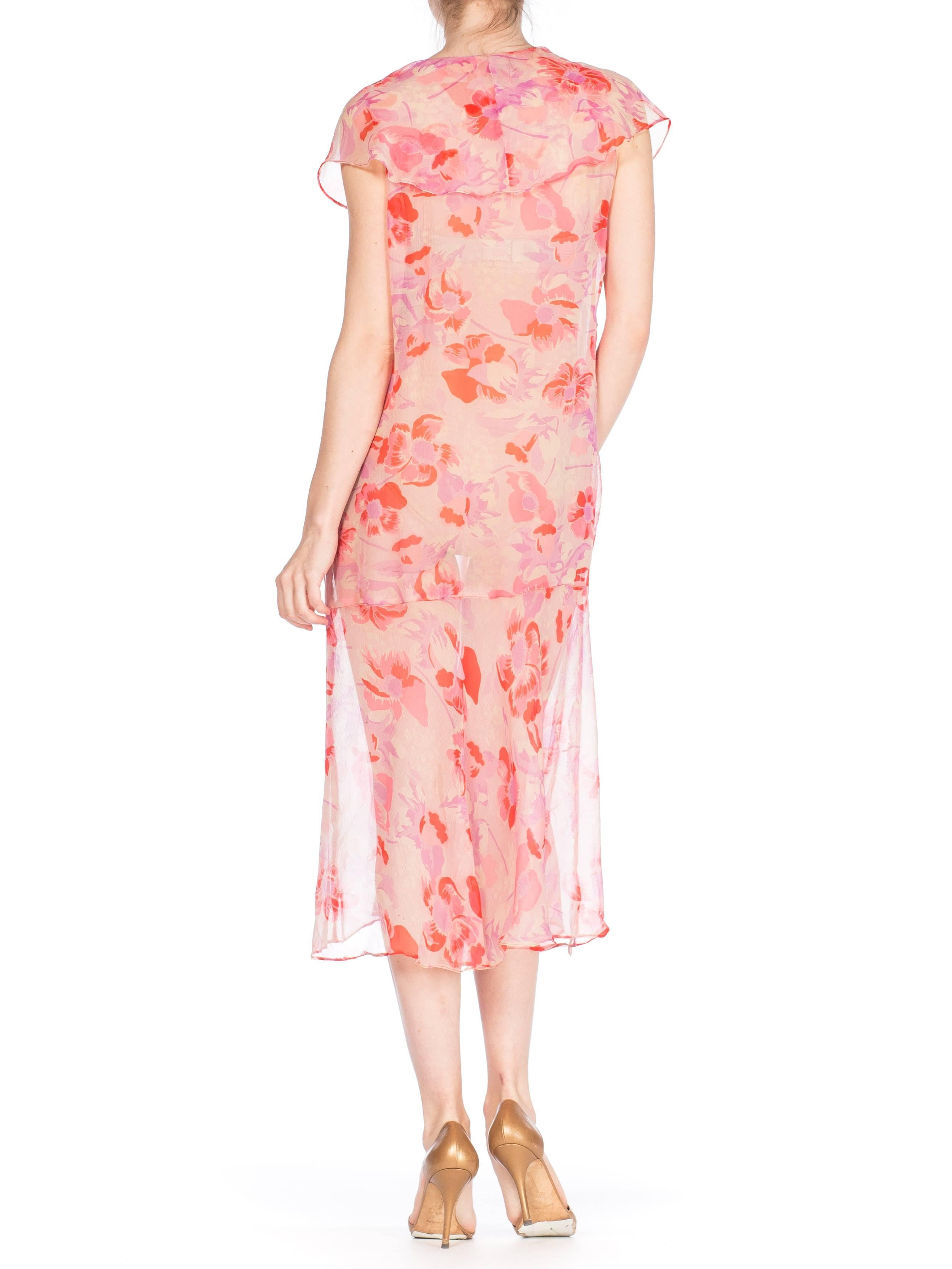 Orange 1920S Pink Floral Silk Mousseline Chiffon Drop Waist Pullover Dress With Bias F For Sale