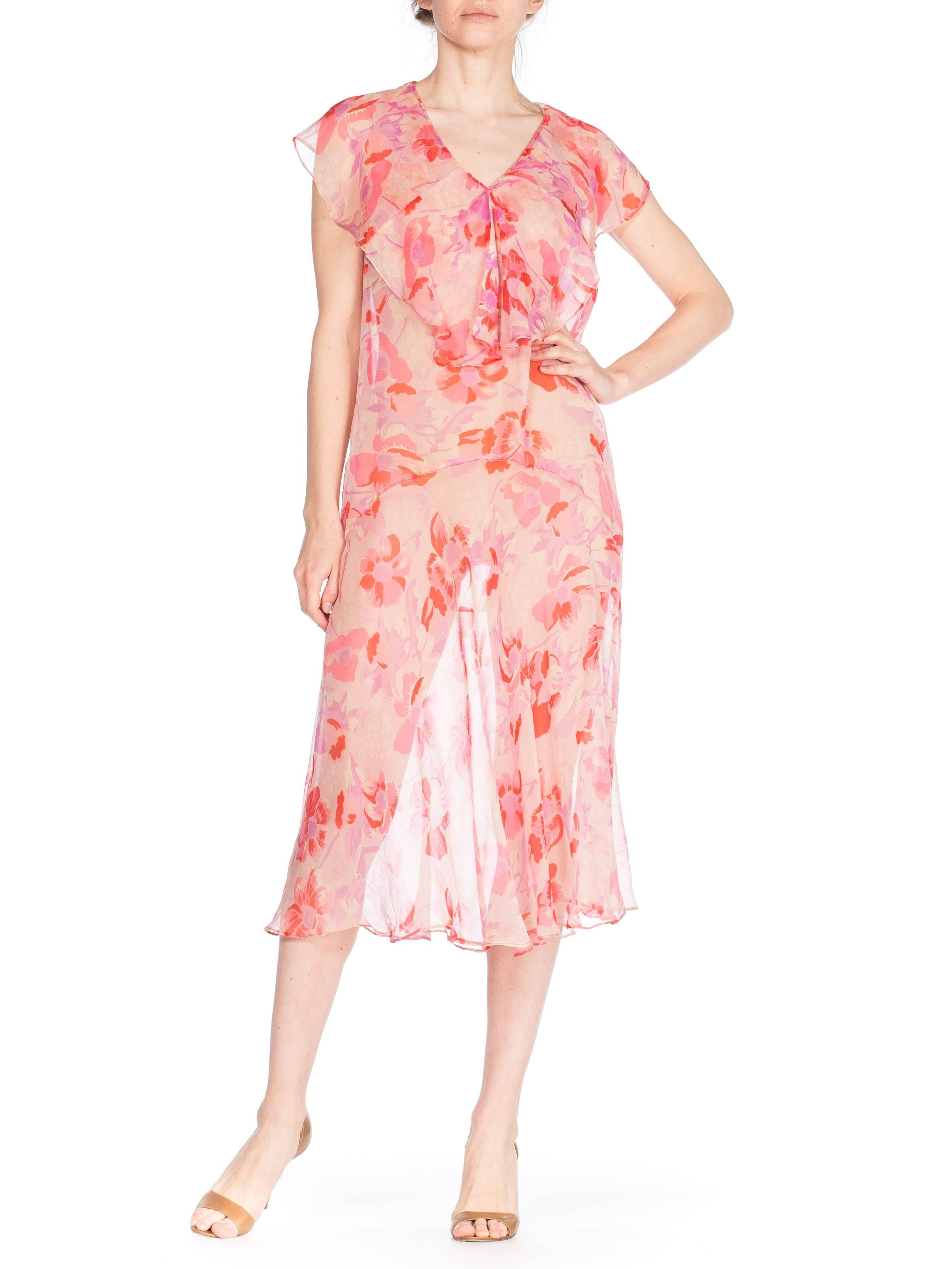 1920S Pink Floral Silk Mousseline Chiffon Drop Waist Pullover Dress With Bias F For Sale 1