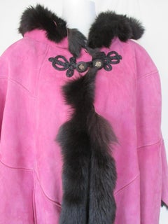 Soft Suede Pink Tuscany Lamb Shearling Fur Cape with Hood