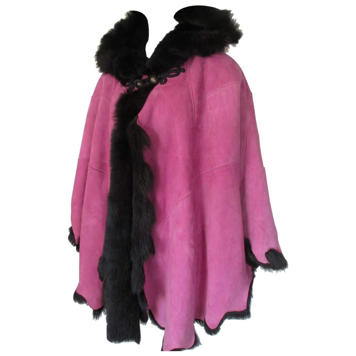 Soft Suede Pink Tuscany Lamb Shearling Fur Cape with Hood