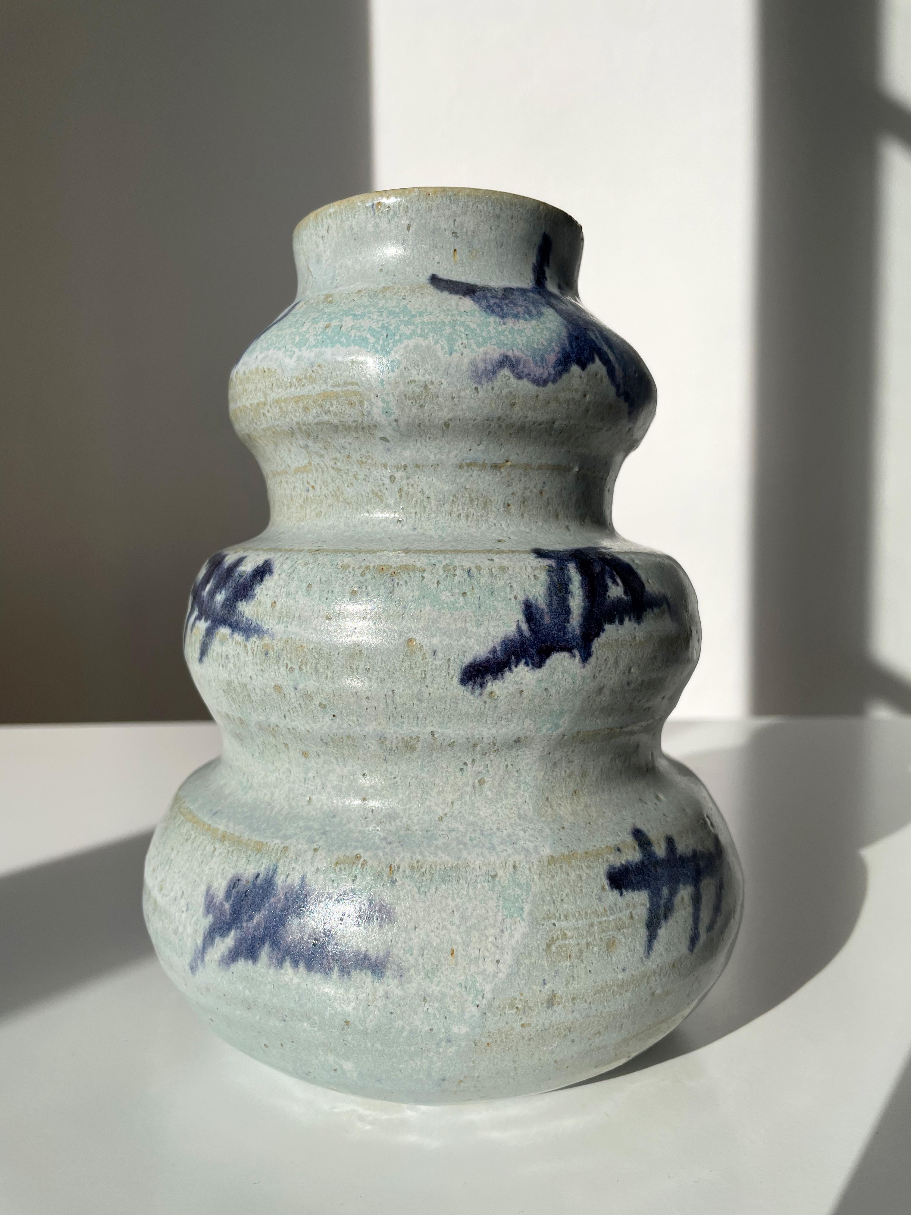 Glazed 1980s Soft Tiered Light Blue Ceramic Vase For Sale