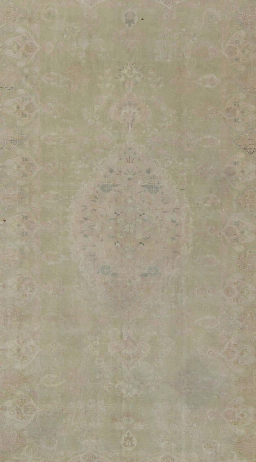 Hand-Knotted Soft Toned, Medallion Design Vintage Turkish Sivas Rug in Green and Pink For Sale