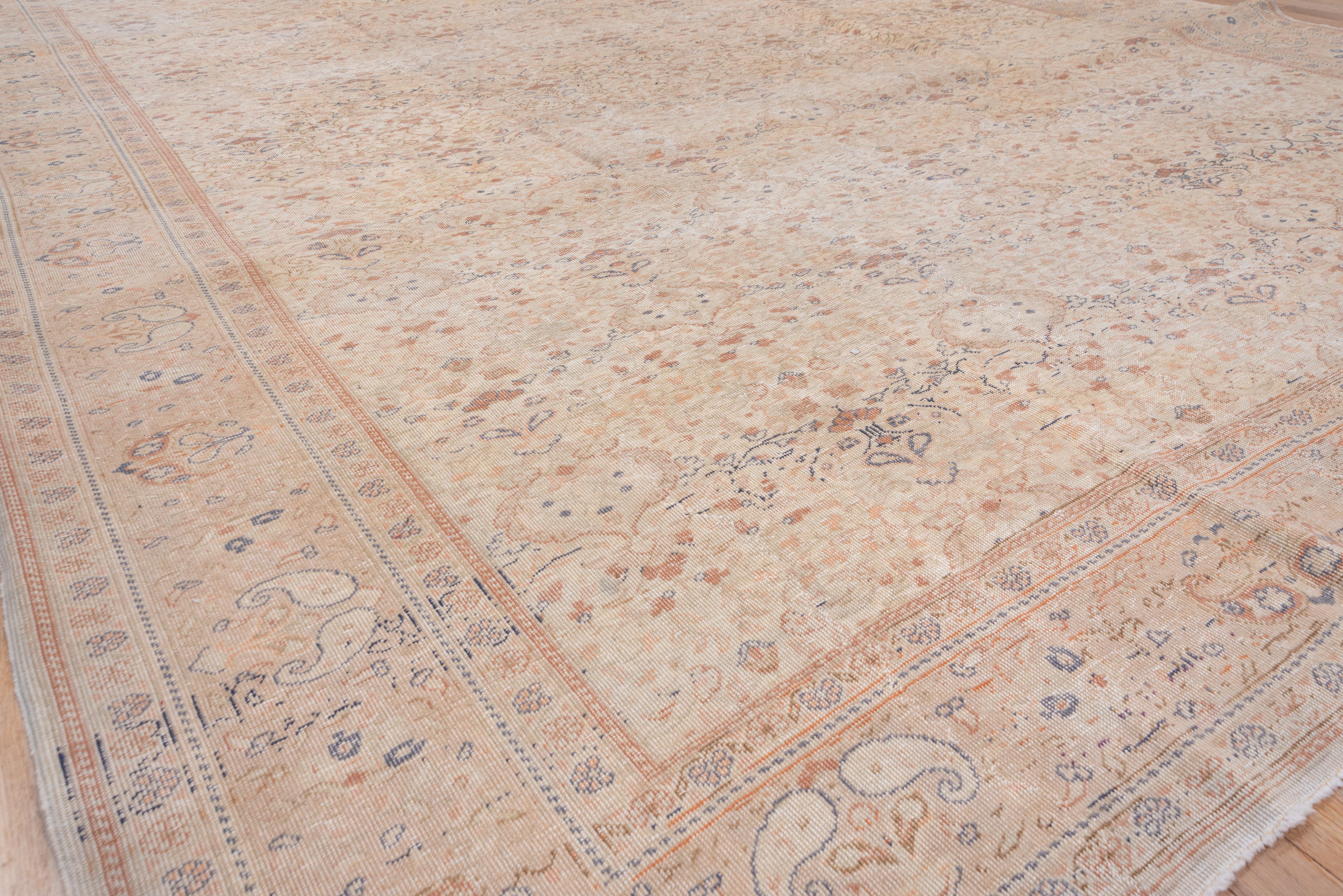 Hand-Knotted Soft Toned Turkish Oushak Rug, Blue Peach Accents, All-Over Field, circa 1930s For Sale