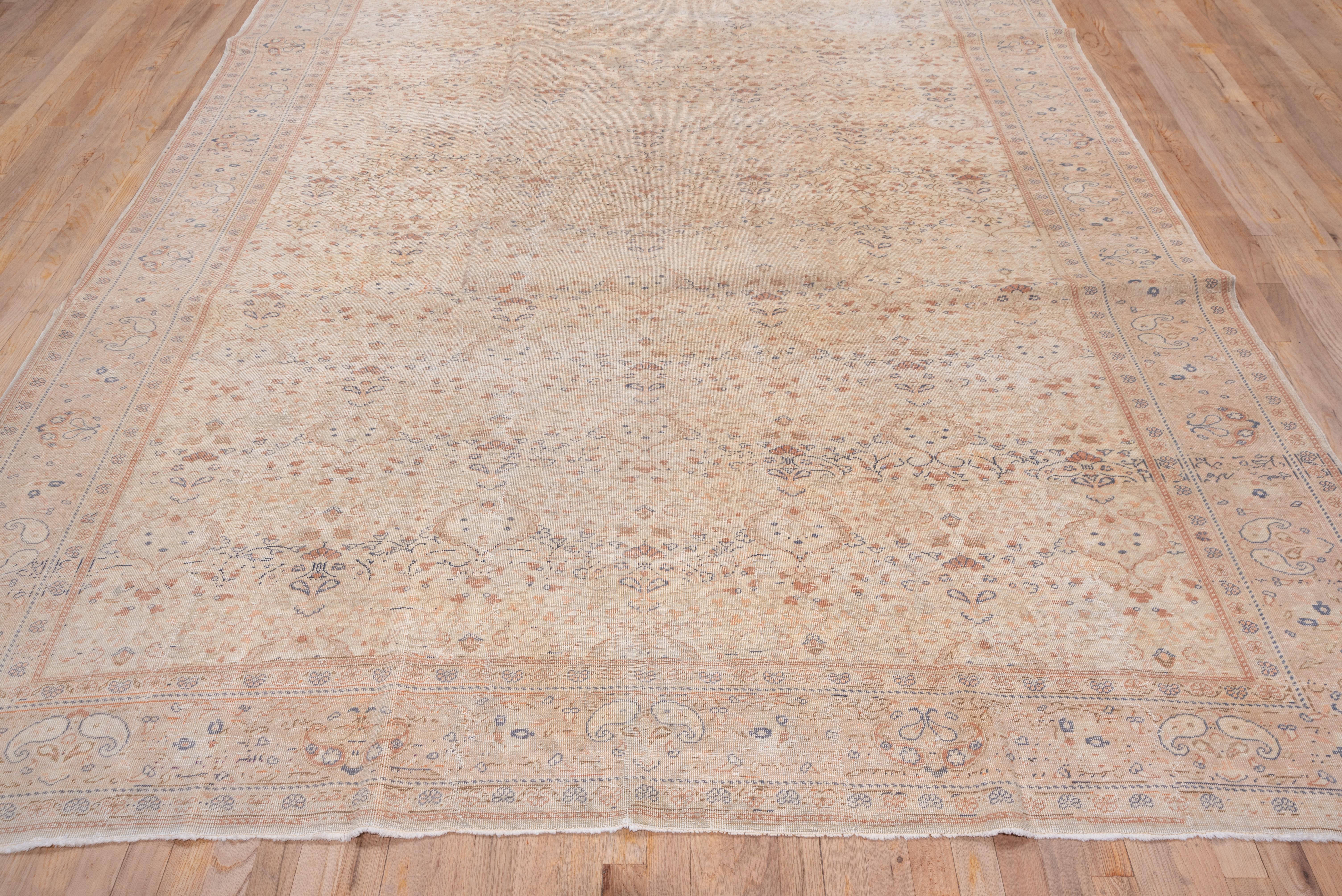Soft Toned Turkish Oushak Rug, Blue Peach Accents, All-Over Field, circa 1930s In Good Condition For Sale In New York, NY