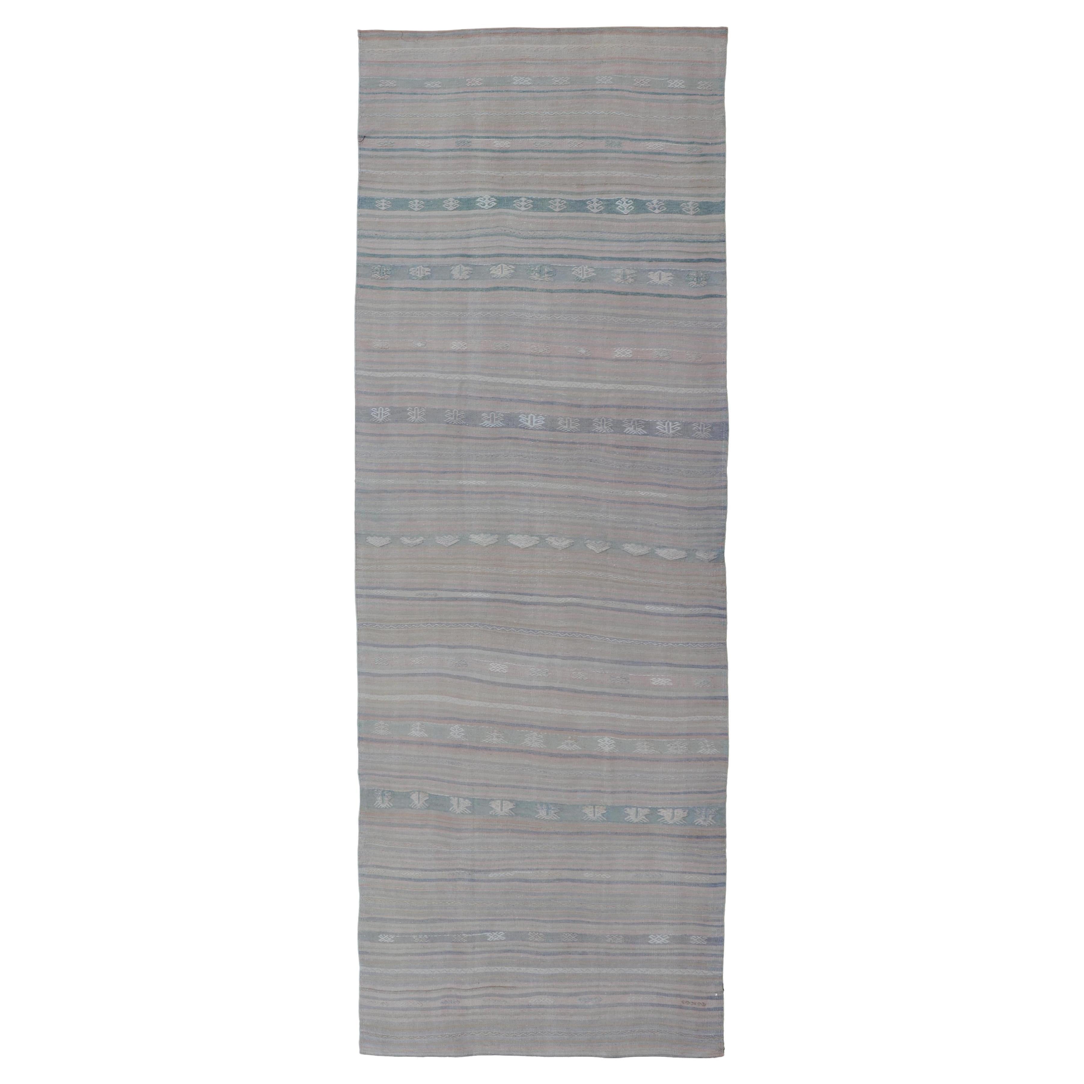 Soft-Toned Vintage Turkish Kilim Runner With Pastel Stripes 4'10"X14'5"