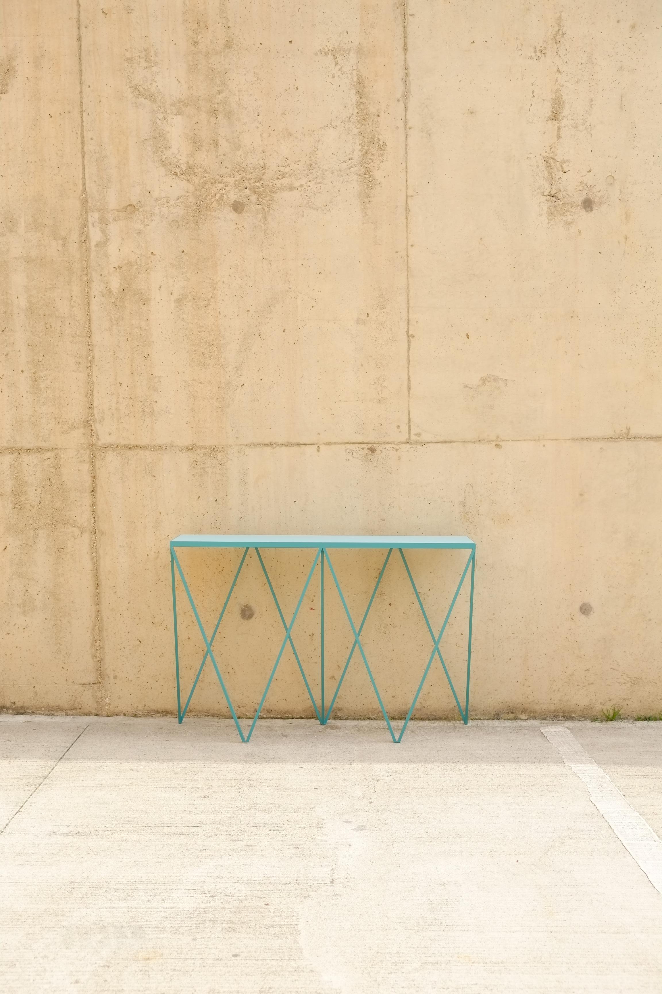 Soft Turquoise Giraffe Console Table with Linseed Linoleum Table Top For Sale 2