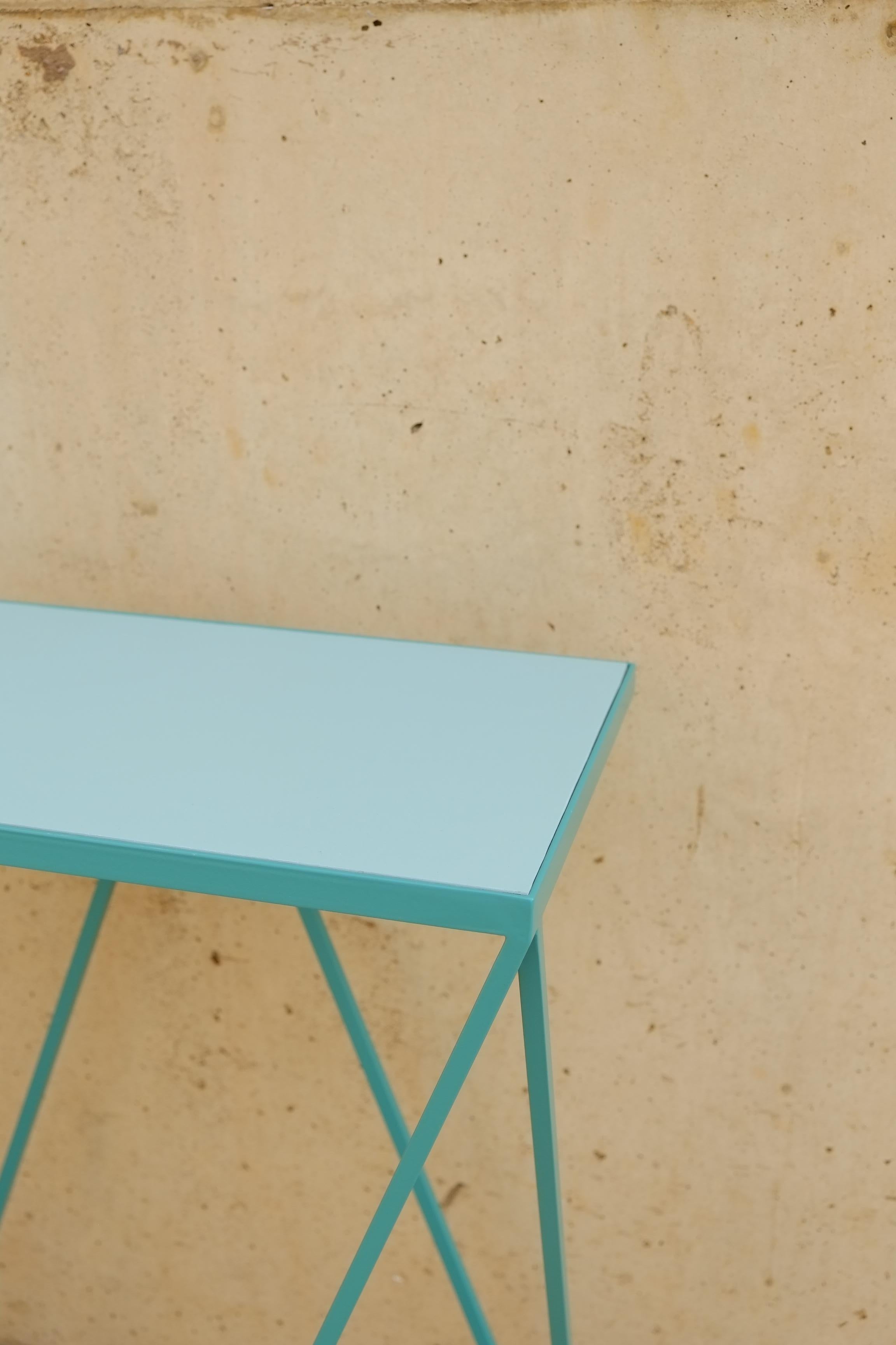 British Soft Turquoise Giraffe Console Table with Linseed Linoleum Table Top For Sale