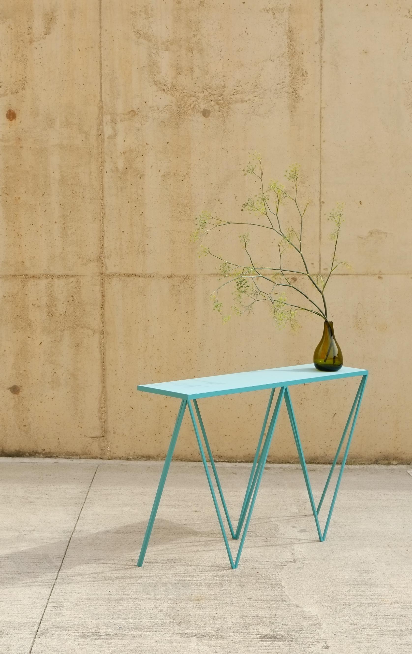 Soft Turquoise Giraffe Console Table with Linseed Linoleum Table Top In New Condition For Sale In Leicester, GB