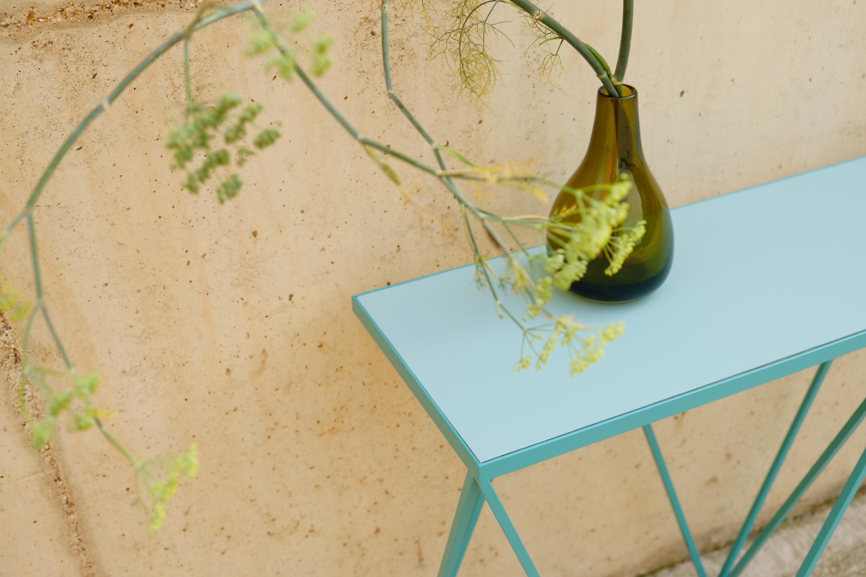 Contemporary Soft Turquoise Giraffe Console Table with Linseed Linoleum Table Top For Sale