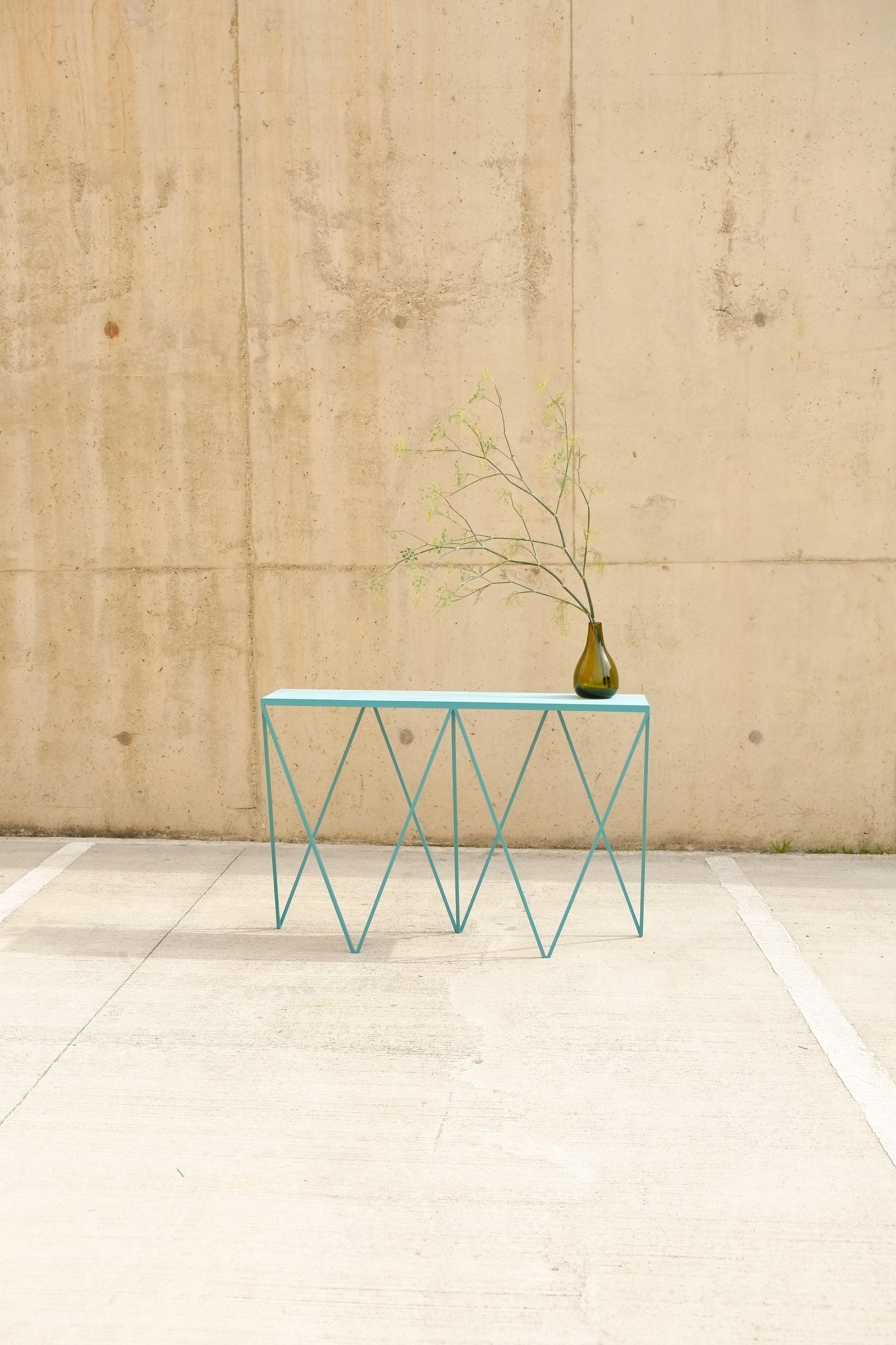 Steel Soft Turquoise Giraffe Console Table with Linseed Linoleum Table Top For Sale