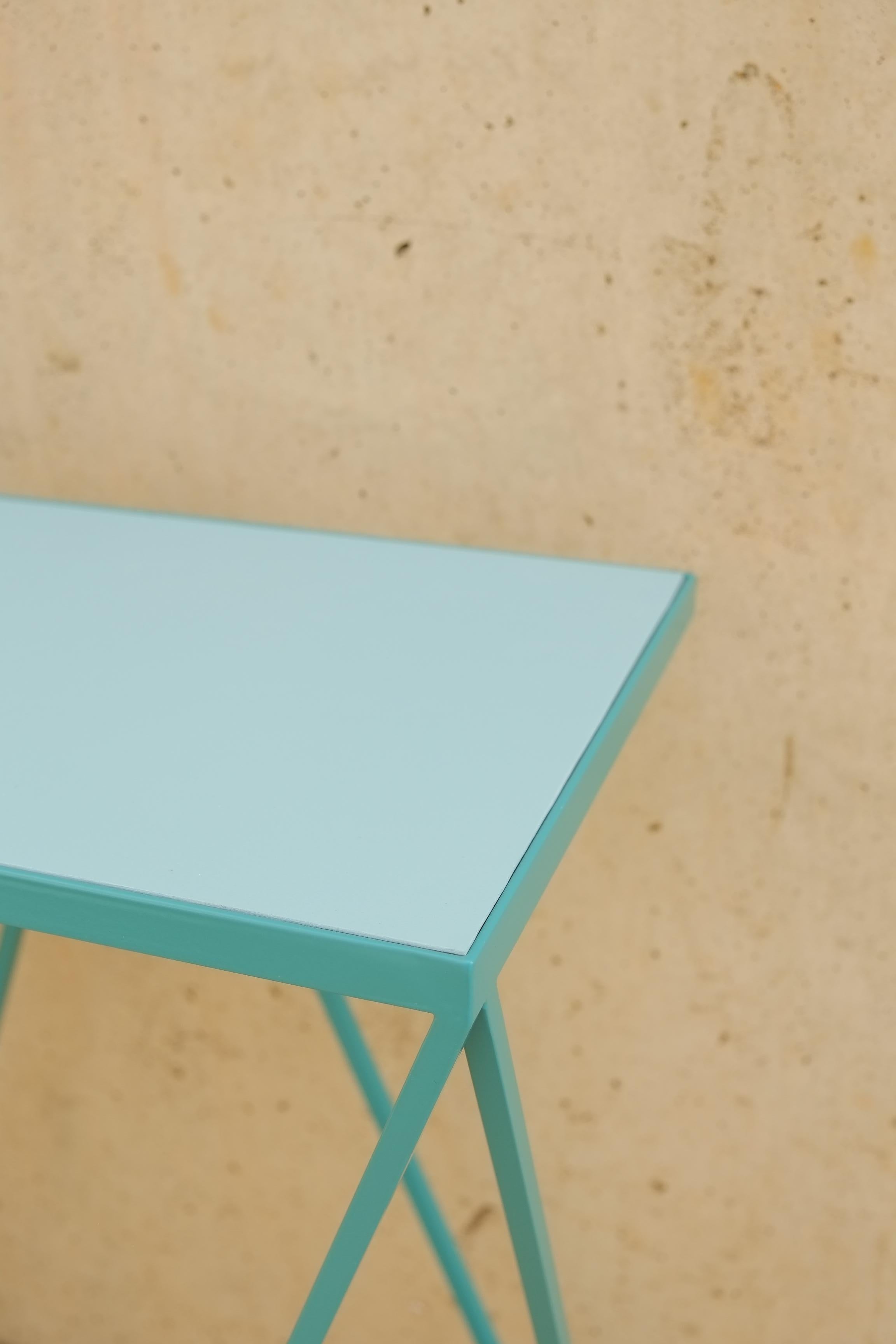 Soft Turquoise Giraffe Console Table with Linseed Linoleum Table Top For Sale 1