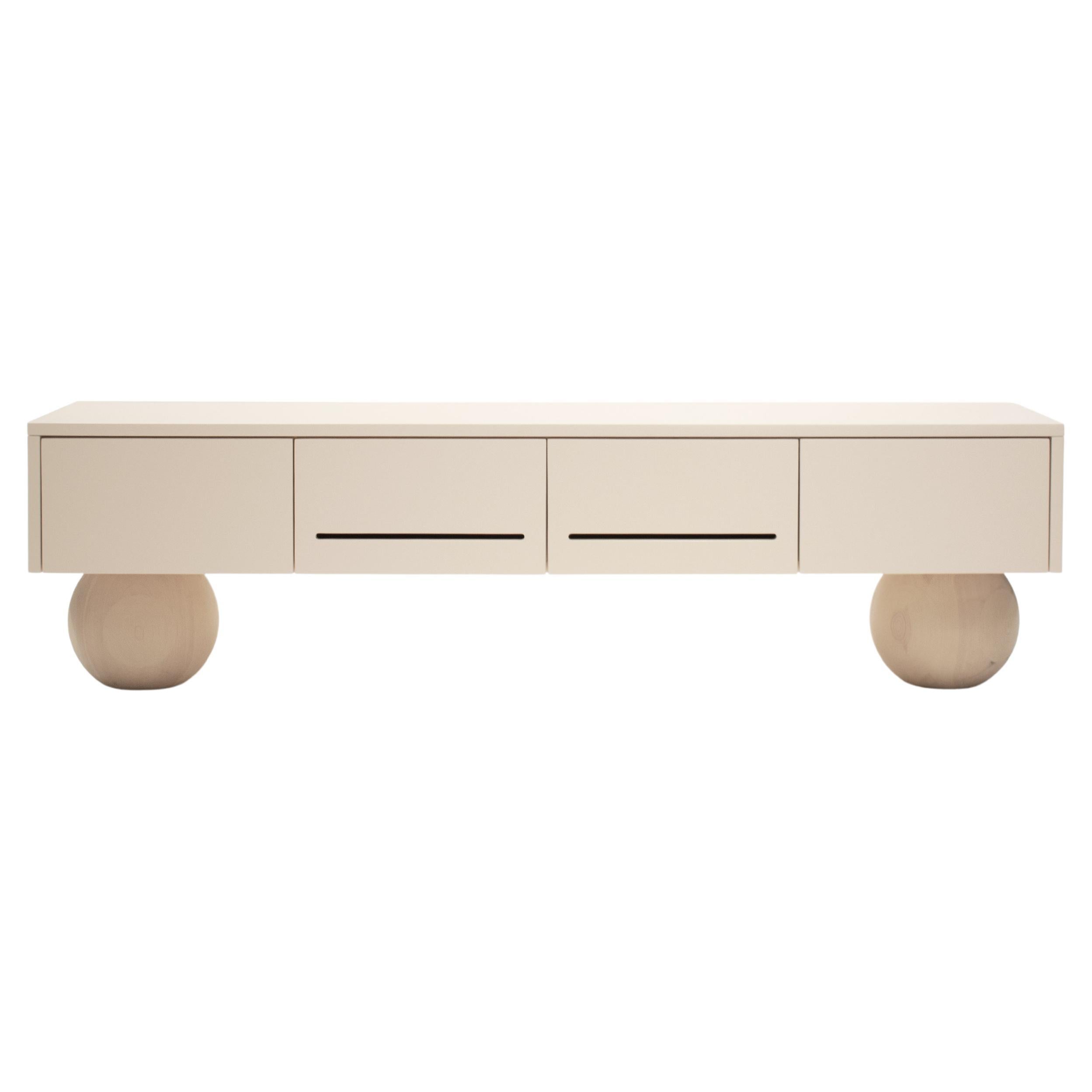 Soft TV Unit Console in Beige with Natural Pine Solid Wood Spheres
