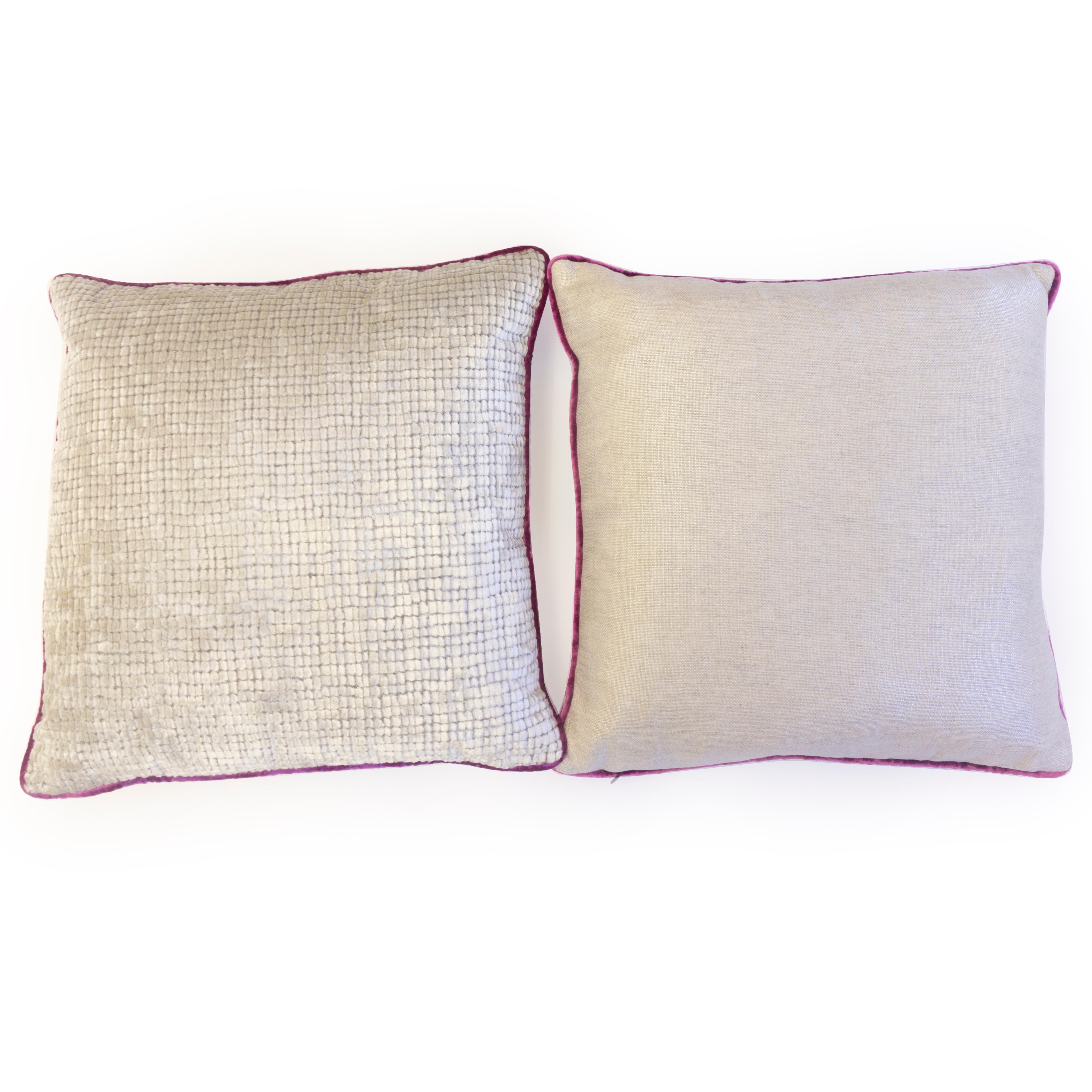 Soft Velvet Throw Pillows with Fuchsia Piping In Excellent Condition In Greenwich, CT