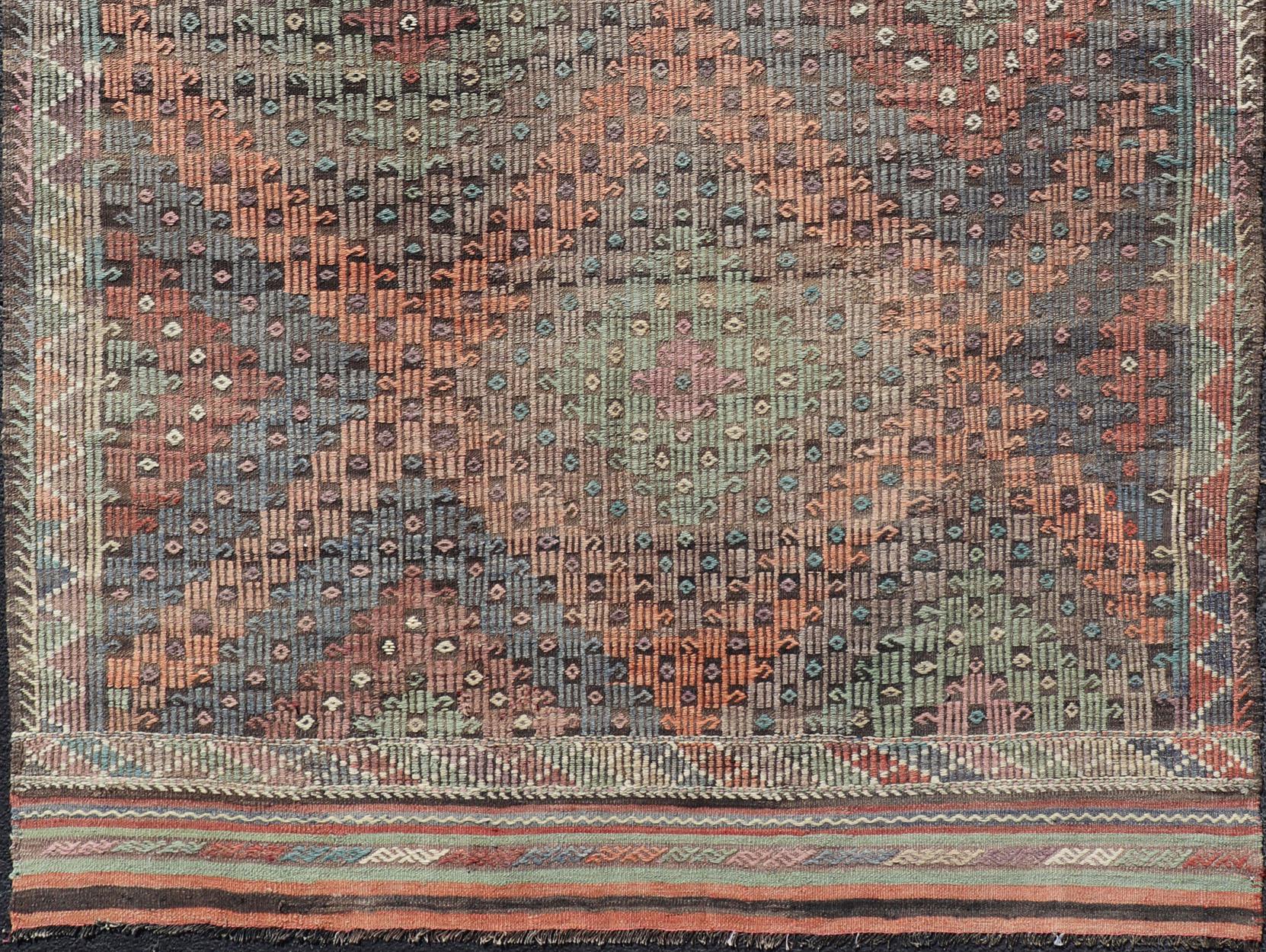 Softly Colored Turkish Vintage Embroidered Kilim Rug with Multi Layered Diamond In Good Condition For Sale In Atlanta, GA