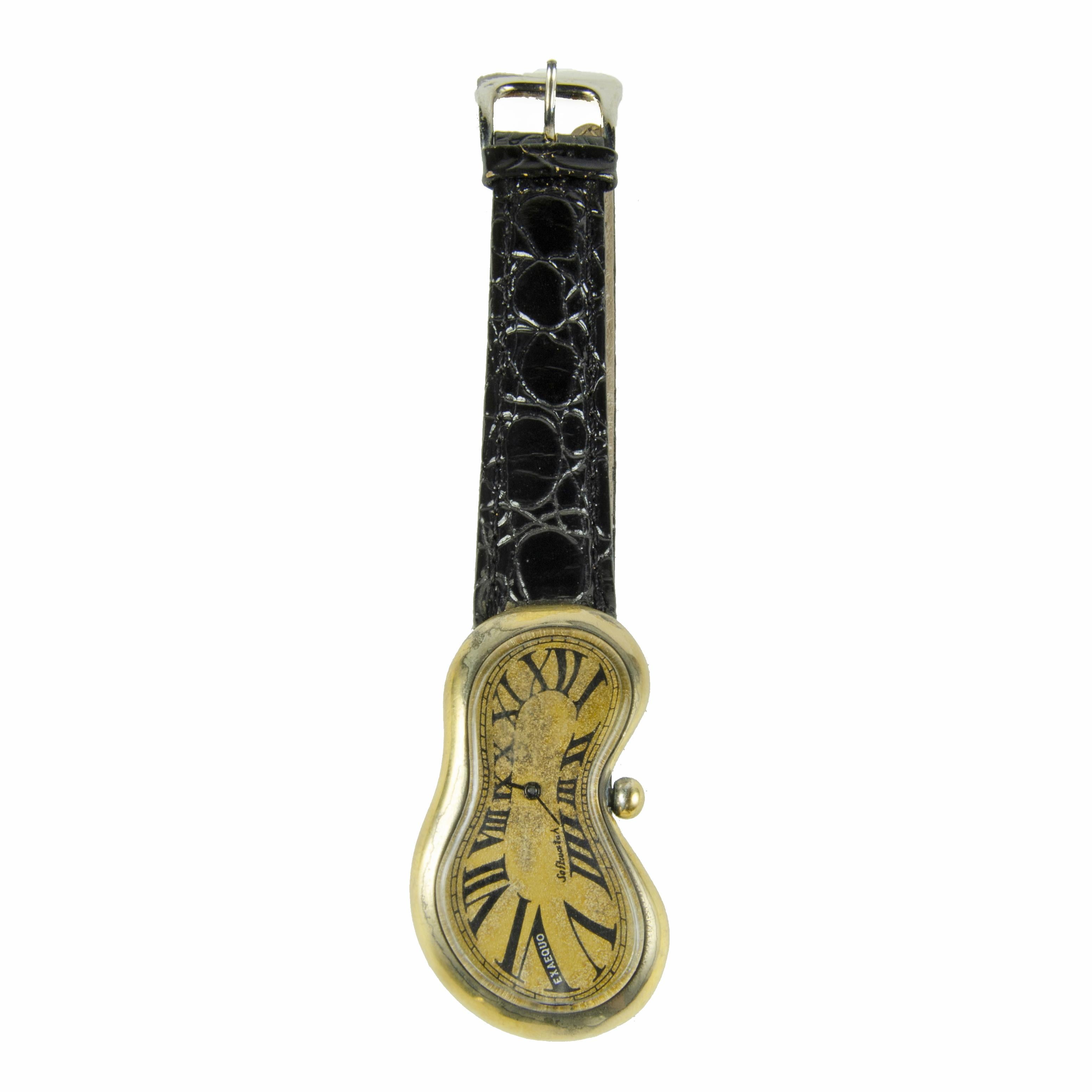 Cast Softwatch: 1990 Leather and Gilt Metal Quartz Wristwatch by Exaequo, Hong Kong For Sale