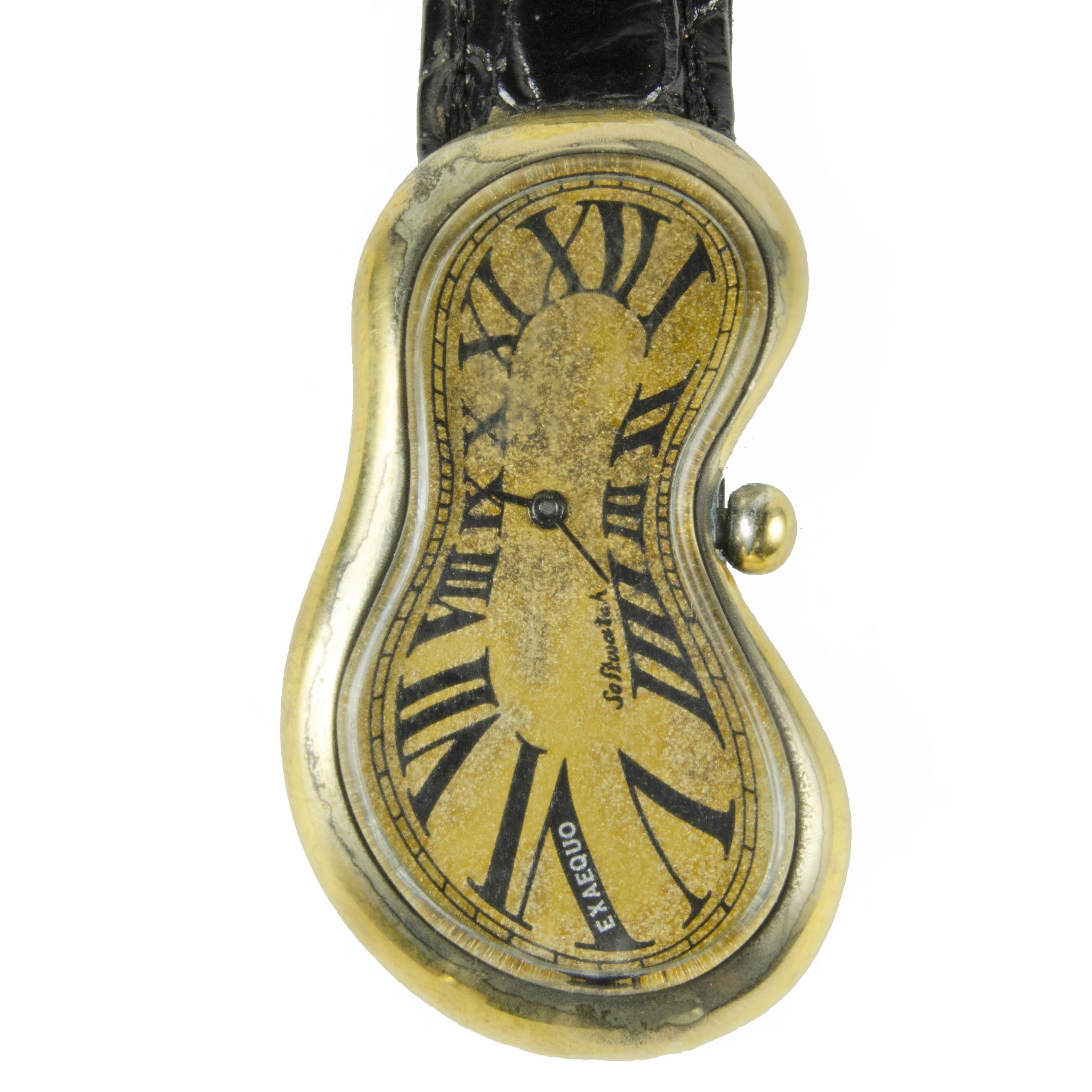 Softwatch: 1990 Leather and Gilt Metal Quartz Wristwatch by Exaequo, Hong Kong In Good Condition For Sale In North Miami, FL