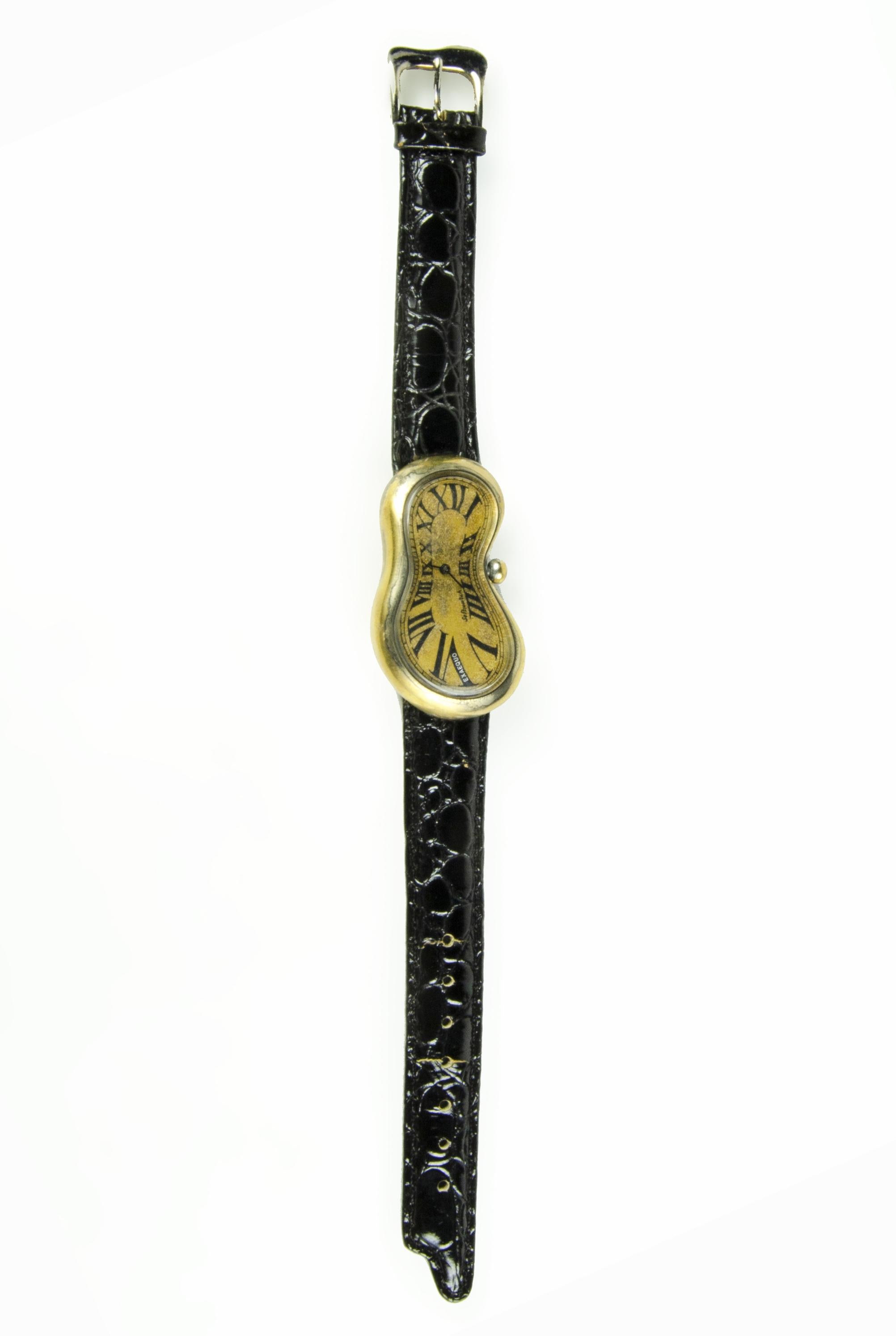 Post-Modern Softwatch: 1990 Leather and Gilt Metal Quartz Wristwatch by Exaequo, Hong Kong For Sale