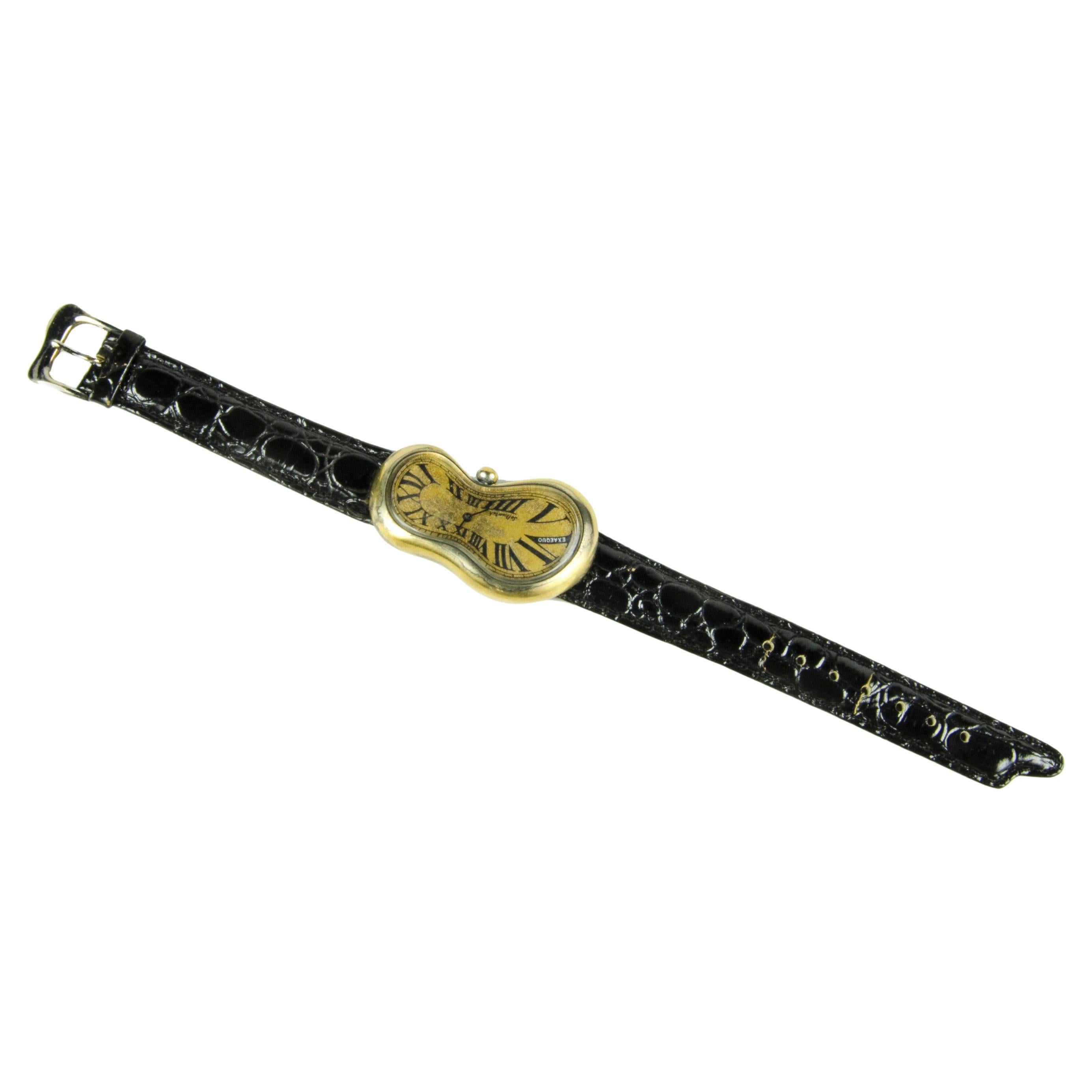 Softwatch: 1990 Leather and Gilt Metal Quartz Wristwatch by Exaequo, Hong Kong