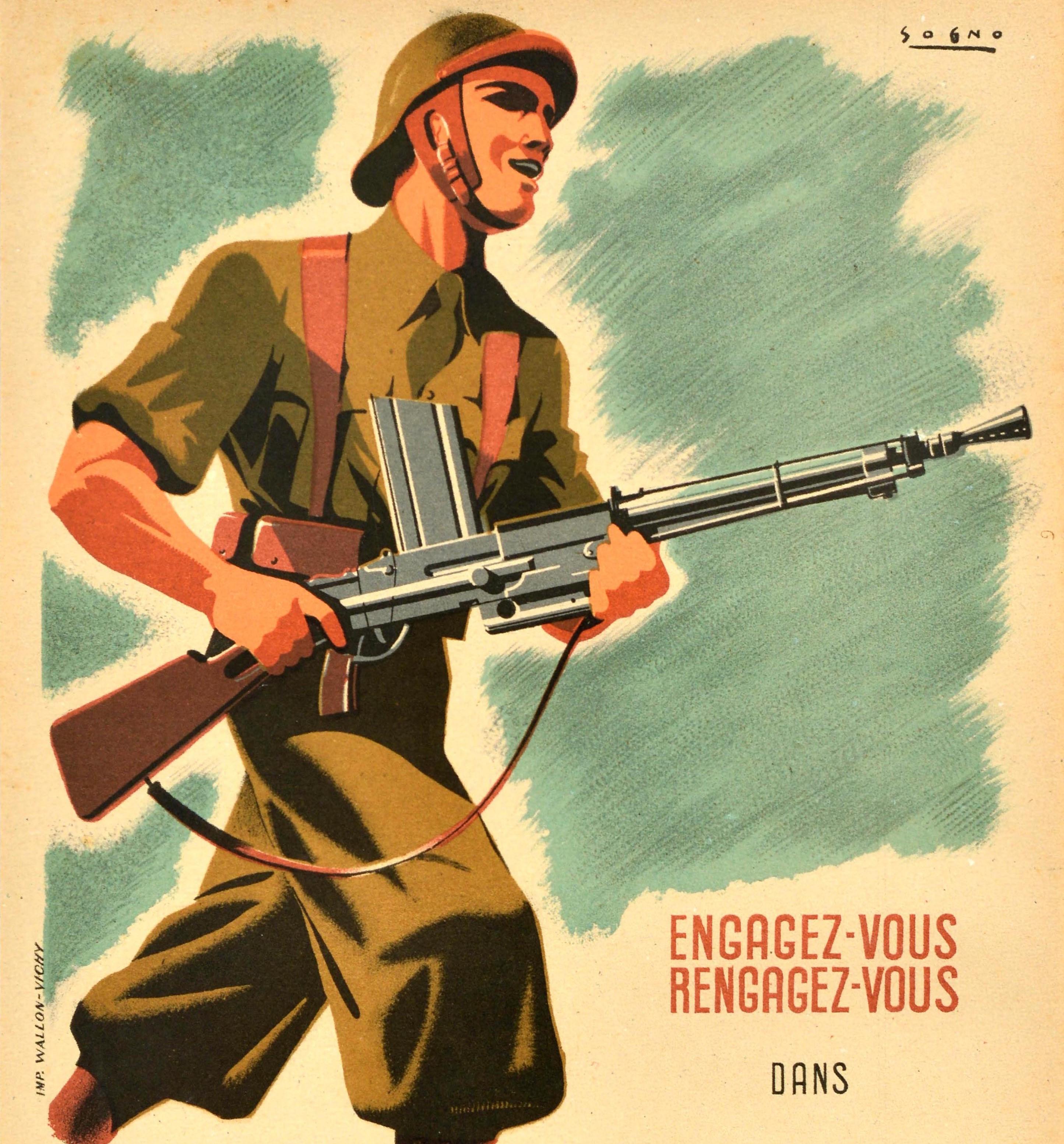 Originales französisches Rekrutierungsplakat aus dem Zweiten Weltkrieg - Join The New Army Infantry / Engagez-vous Rengagez-vous dans l'Infanterie de l'Armee Nouvelle - mit einer Illustration eines Soldaten in Uniform, der mit einem Gewehr vor einem