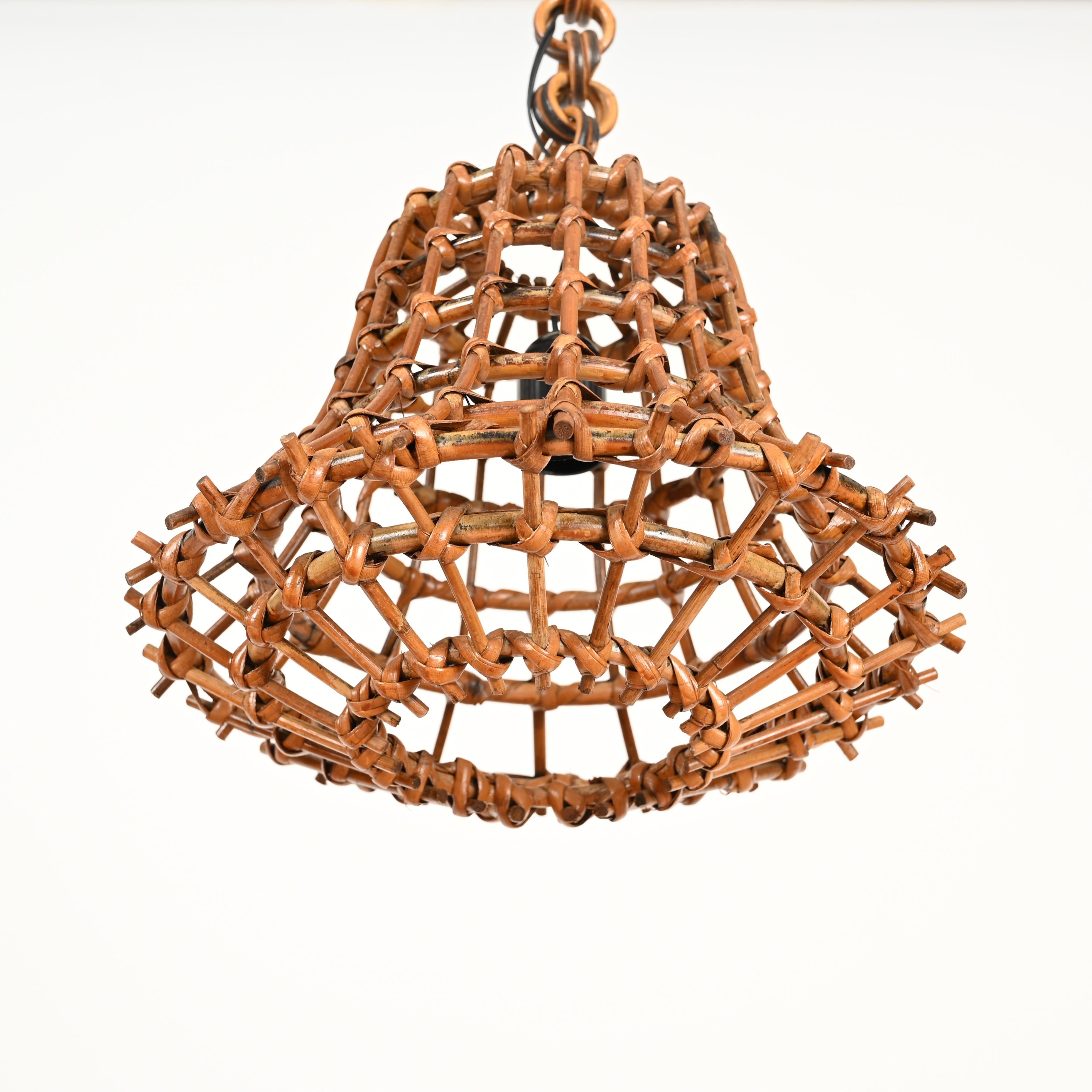 Bambù Lampadario a sospensione Sognot di metà secolo in bambù, rattan e vimini, Francia, anni '60 in vendita