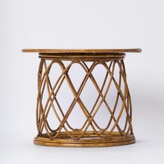 Sognot Style Braided Rattan & Light Brown Leather Top Side Table - France 1960's